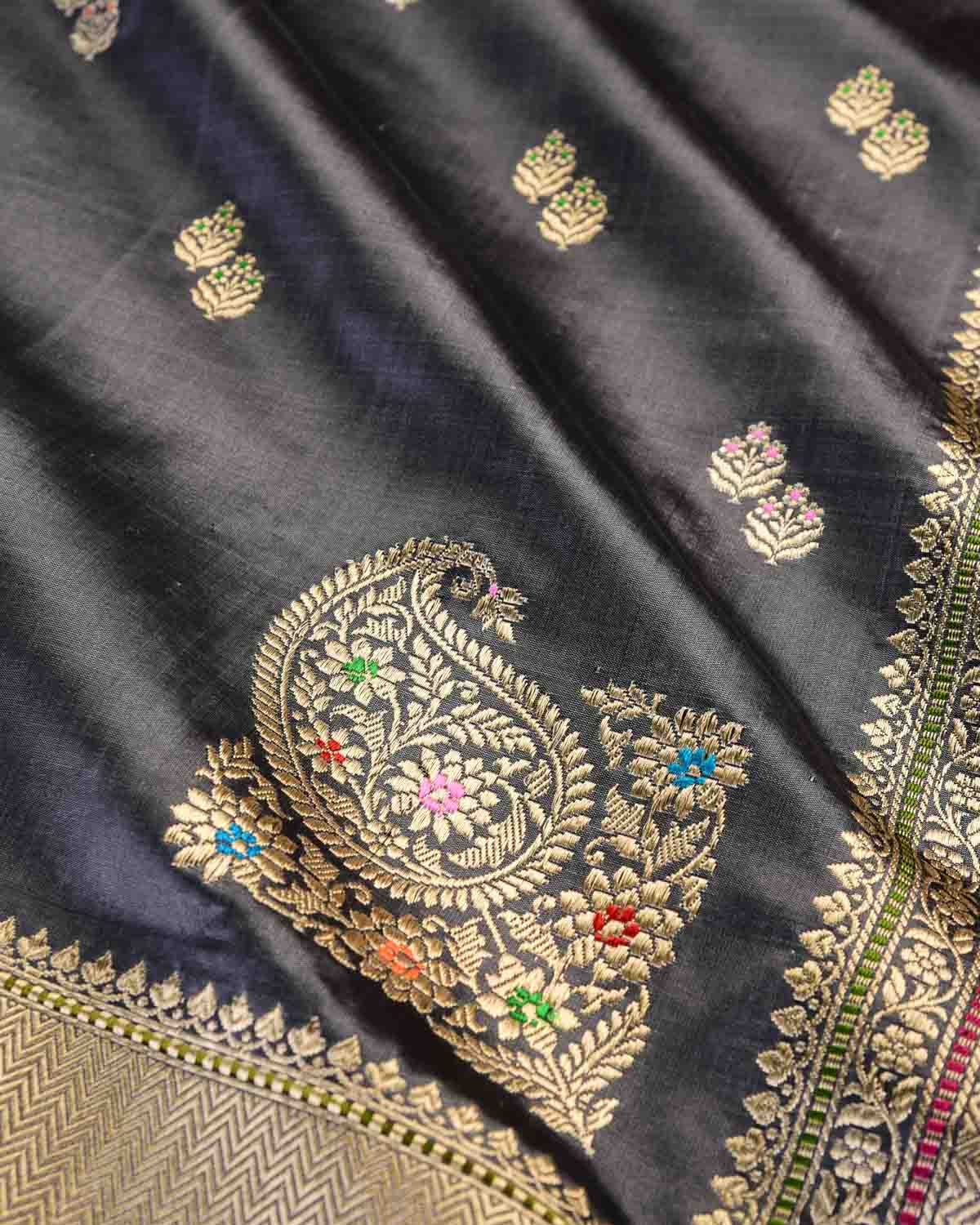 Gray Banarasi Gold & Silver Zari Alfi Meena Duet Buti Kadhuan Brocade Handwoven Katan Silk Saree with Meenekari Koniya Buta-HolyWeaves