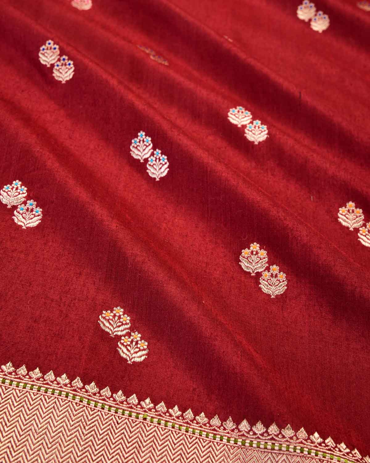 Maroon Banarasi Gold Zari & Meena Duet Buti Kadhuan Brocade Handwoven Muga Silk Saree with Koniya Buta-HolyWeaves