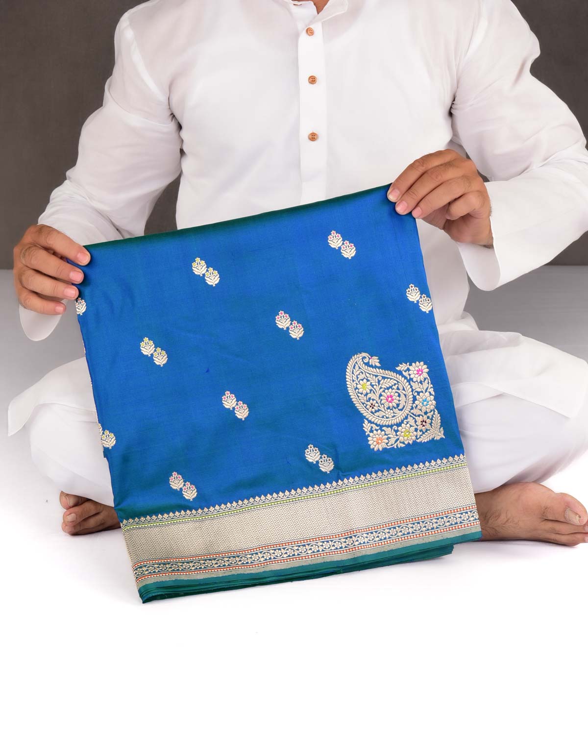 Shot Blue-Green Banarasi Gold Zari & Meena Duet Buti Kadhuan Brocade Handwoven Katan Silk Saree with Koniya Buta-HolyWeaves
