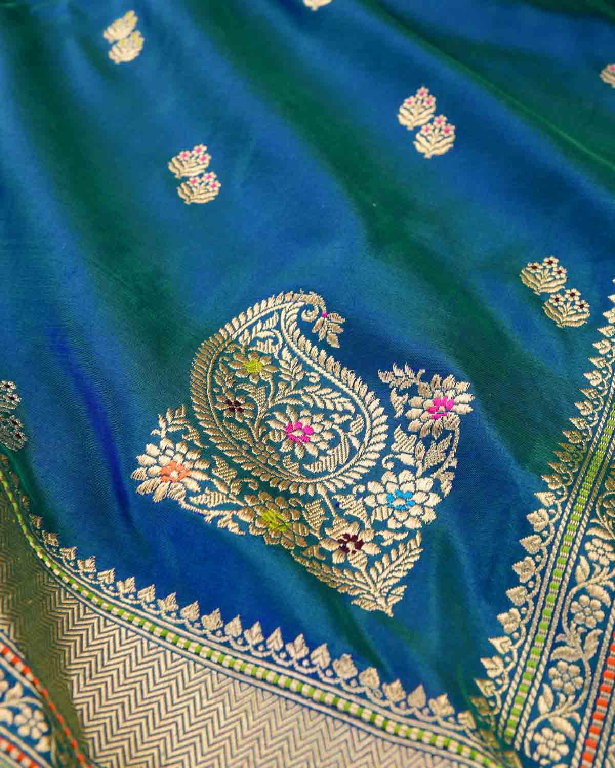 Shot Blue-Green Banarasi Gold Zari & Meena Duet Buti Kadhuan Brocade Handwoven Katan Silk Saree with Koniya Buta-HolyWeaves
