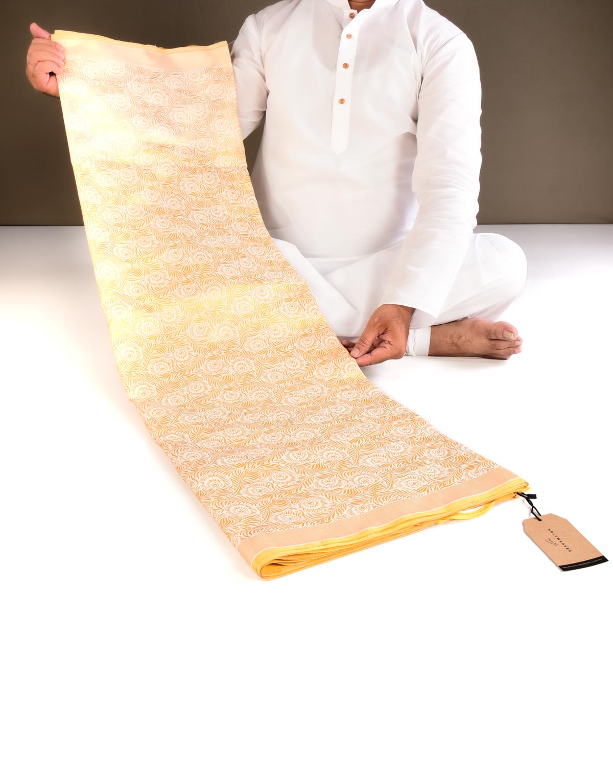 Yellow On White Banarasi Resham Tanchoi Morpankh Brocade Handwoven Katan Silk Saree - By HolyWeaves, Benares