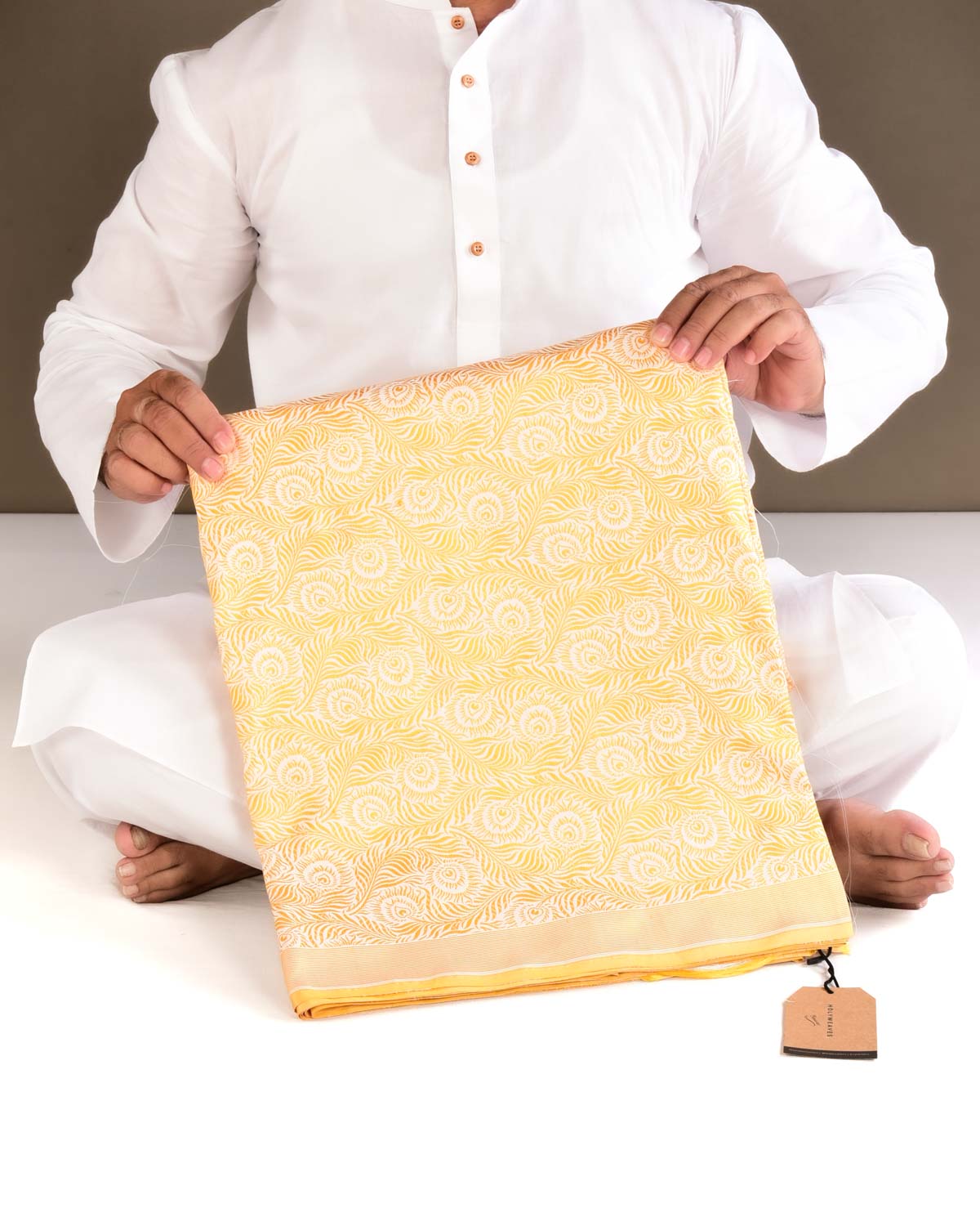 Yellow On White Banarasi Resham Tanchoi Morpankh Brocade Handwoven Katan Silk Saree - By HolyWeaves, Benares