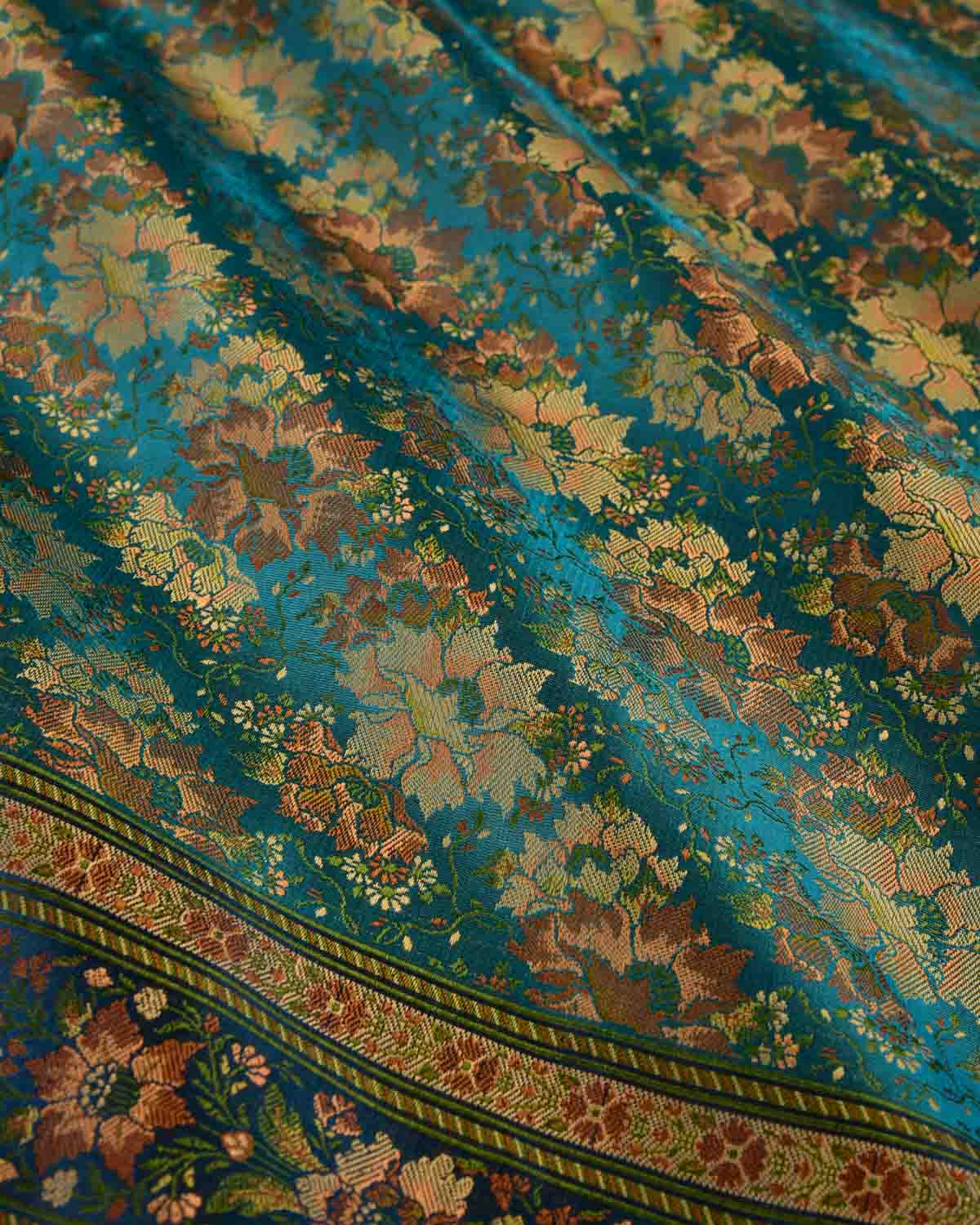Ferozi Banarasi Tehri Floral Jaal Jamawar Handwoven Katan Silk Saree with Contrast Border Pallu-HolyWeaves