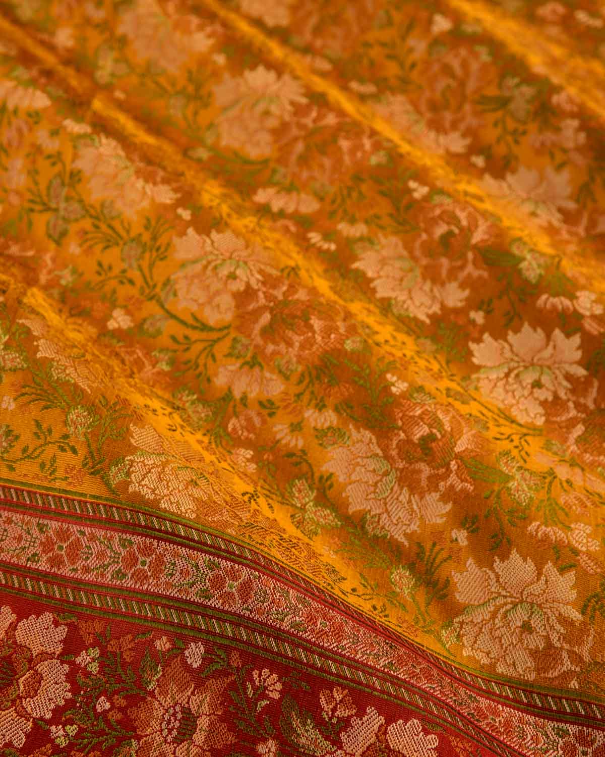 Mustard Yellow Banarasi Tehri Floral Jaal Jamawar Handwoven Katan Silk Saree with Contrast Red Border Pallu-HolyWeaves