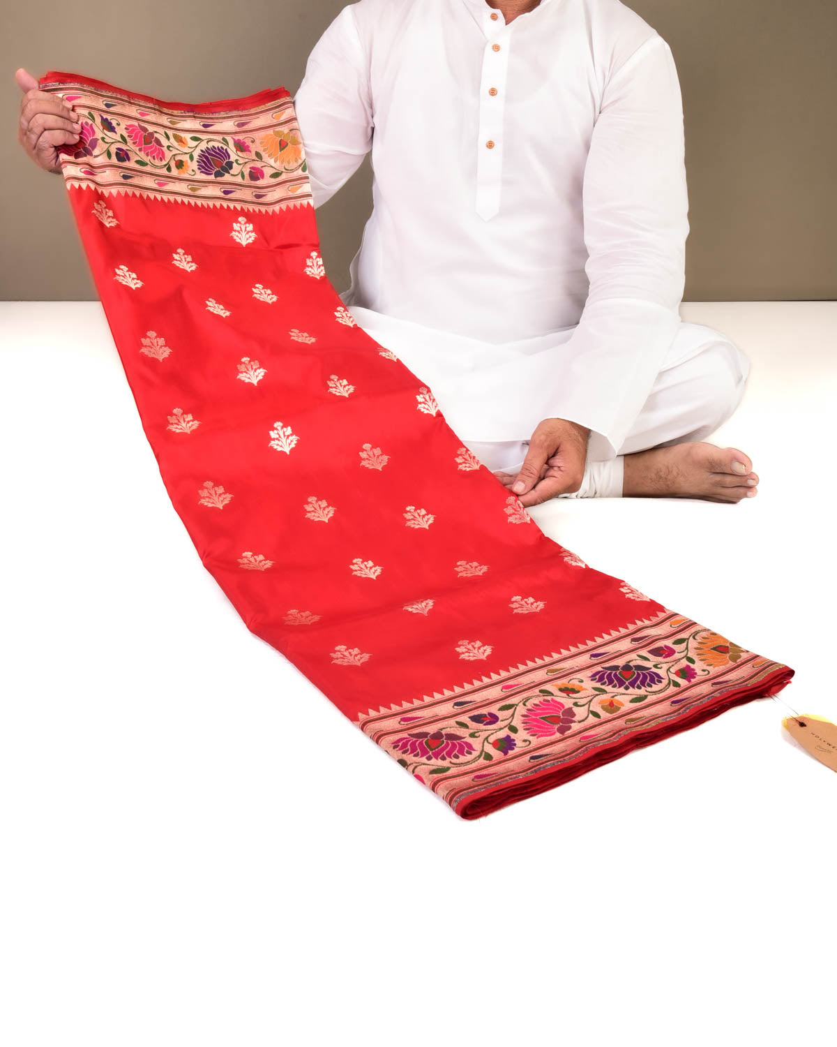 Red Banarasi Paithani Brocade Handwoven Katan Silk Saree-HolyWeaves