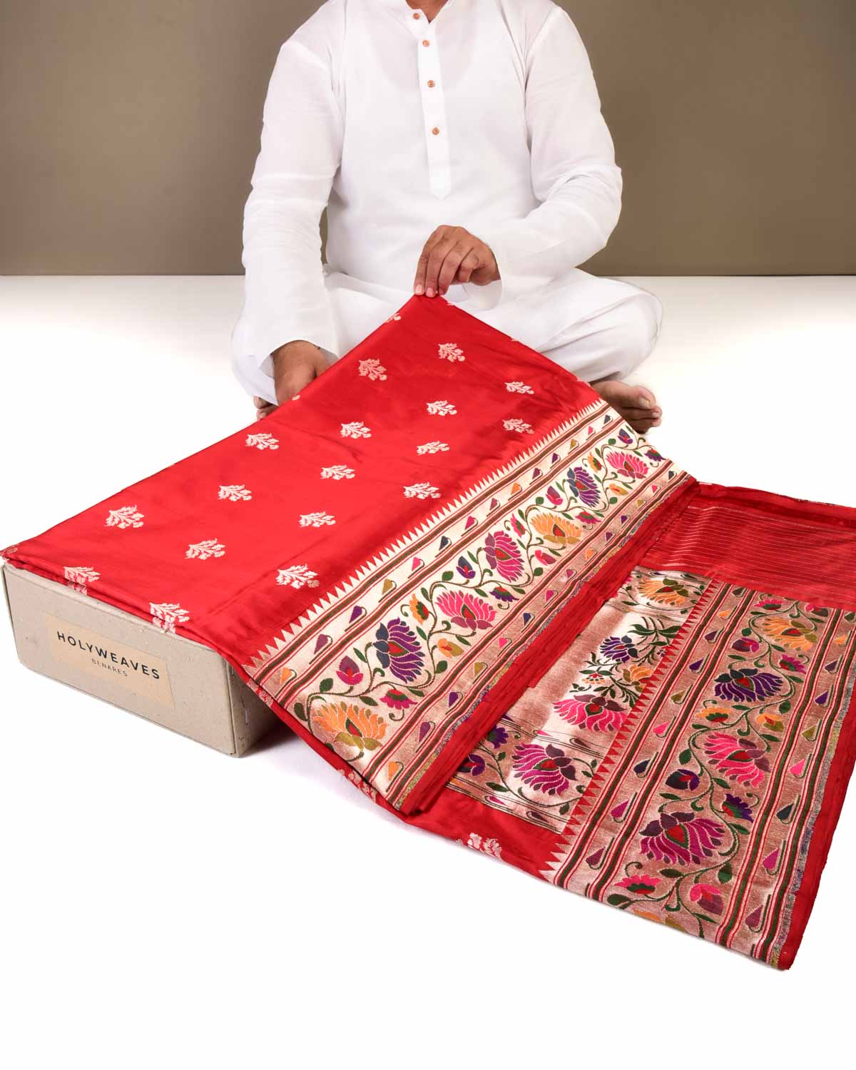 Red Banarasi Paithani Brocade Handwoven Katan Silk Saree-HolyWeaves