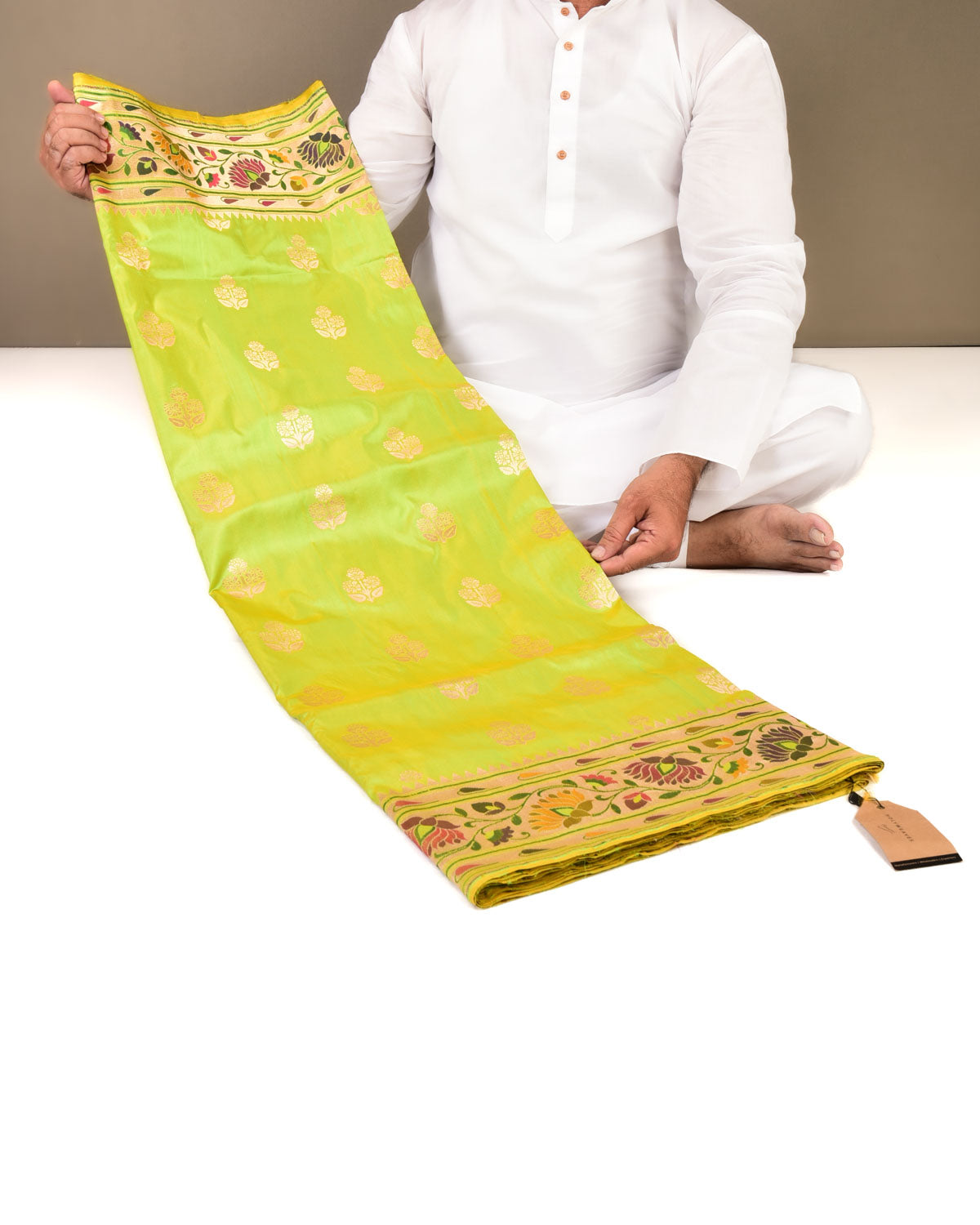 Sunny Green Banarasi Paithani Brocade Handwoven Katan Silk Saree-HolyWeaves