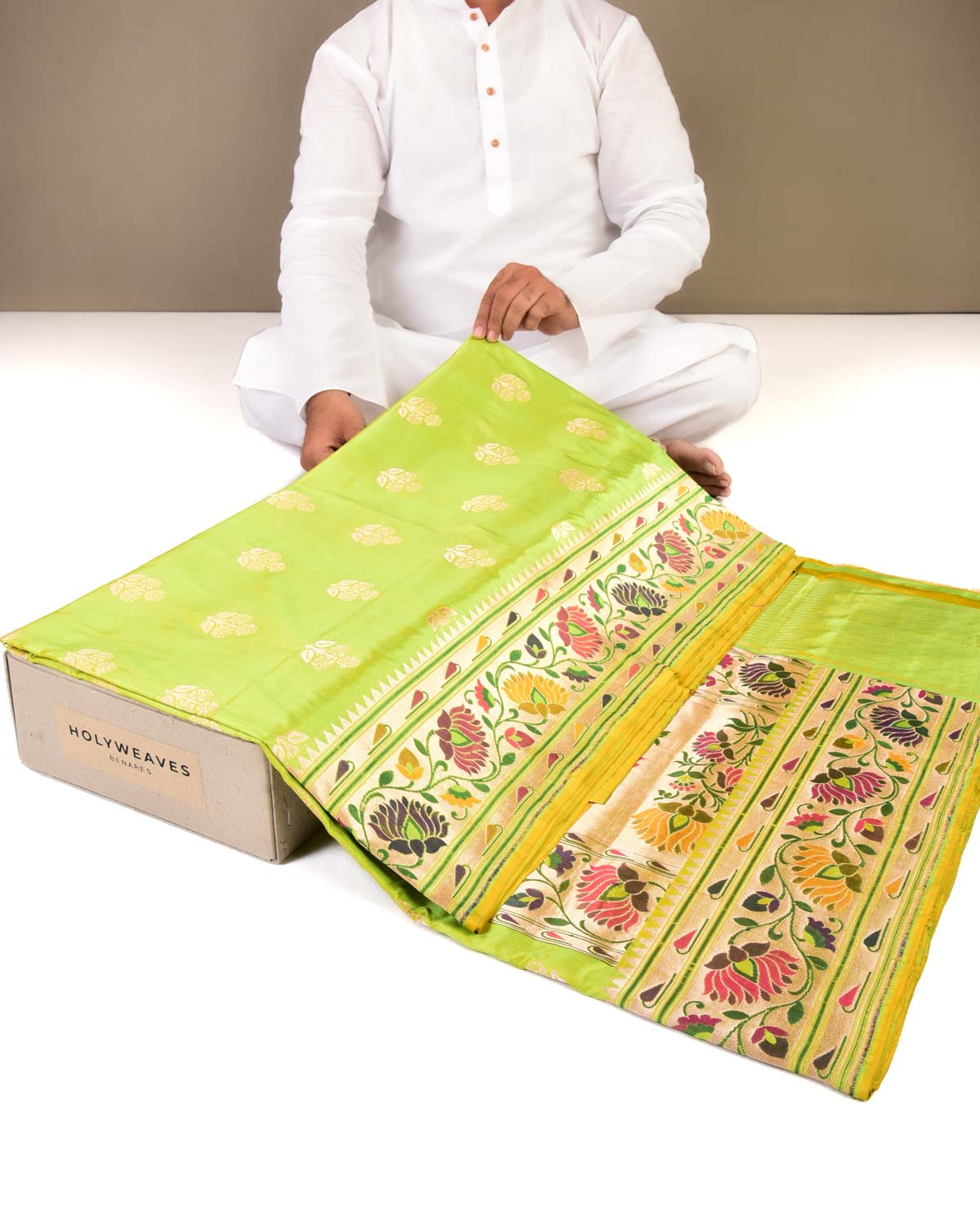 Sunny Green Banarasi Paithani Brocade Handwoven Katan Silk Saree-HolyWeaves