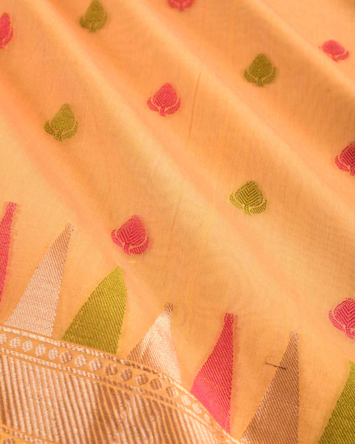 Orange Banarasi Pink & Green Resham Buti Cutwork Brocade Woven Cotton Silk Saree with Temple Border - By HolyWeaves, Benares