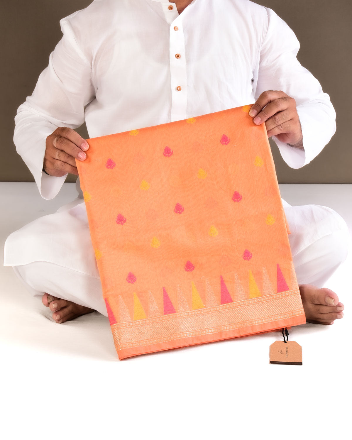 Orange Banarasi Pink & Yellow Resham Buti Cutwork Brocade Woven Cotton Silk Saree with Temple Border - By HolyWeaves, Benares