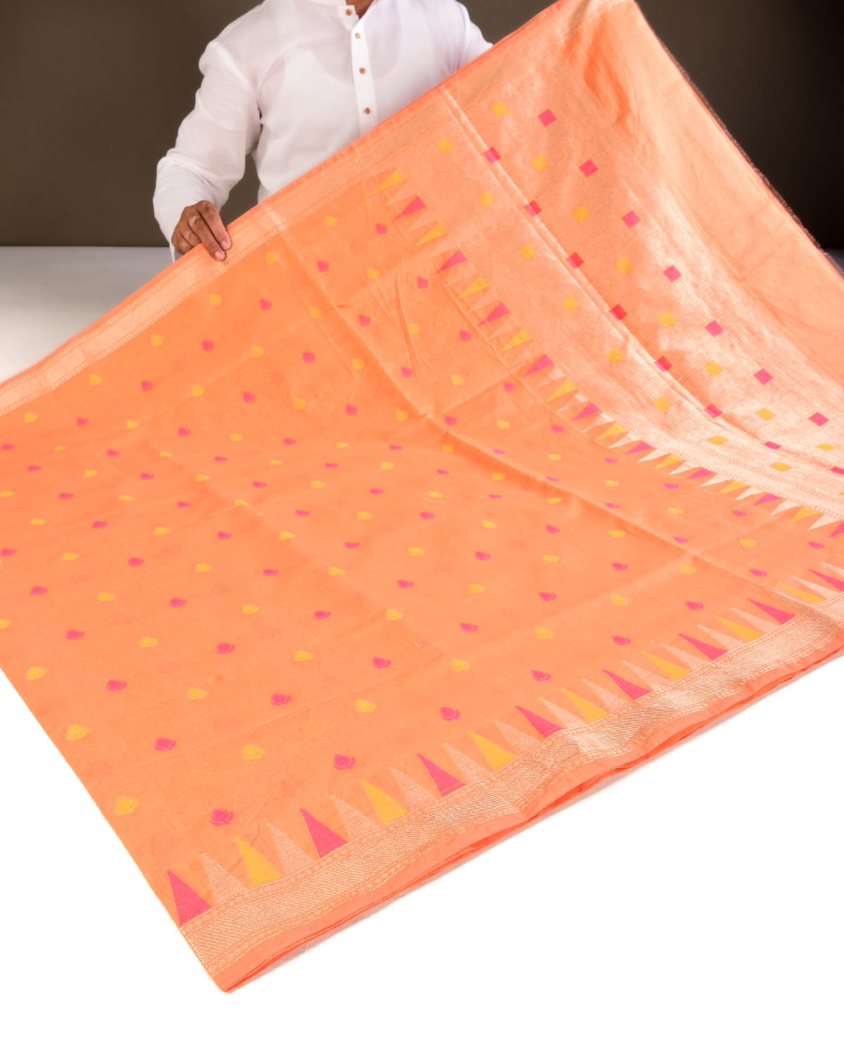 Orange Banarasi Pink & Yellow Resham Buti Cutwork Brocade Woven Cotton Silk Saree with Temple Border - By HolyWeaves, Benares