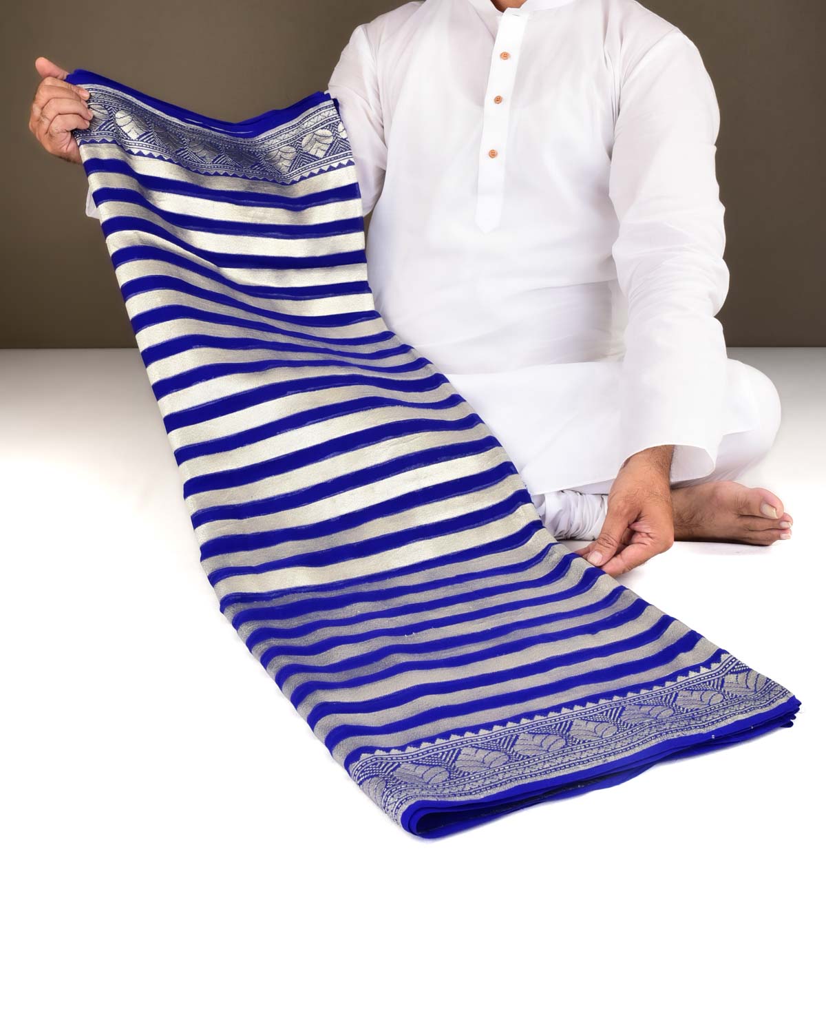 Royal Blue Banarasi Gold Zari Diagonal Stripes Cutwork Brocade Handwoven Khaddi Georgette Saree-HolyWeaves