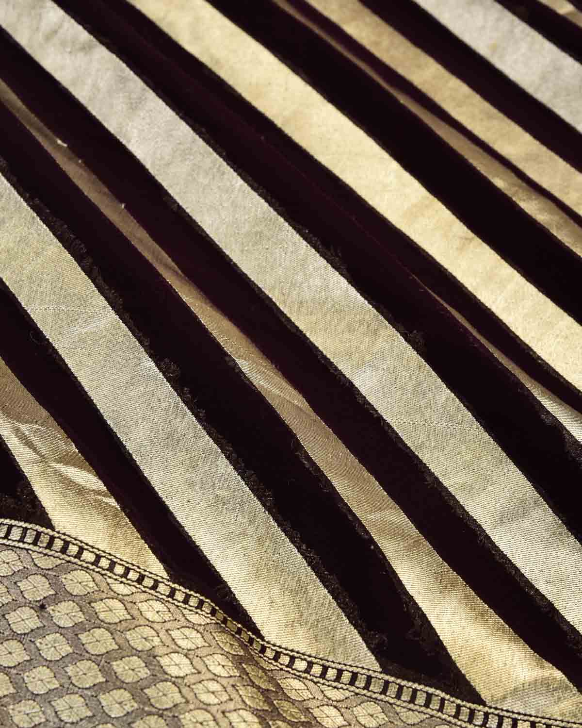 Black Coffee Brown Banarasi Gold Zari Diagonal Stripes Cutwork Brocade Handwoven Khaddi Georgette Saree-HolyWeaves