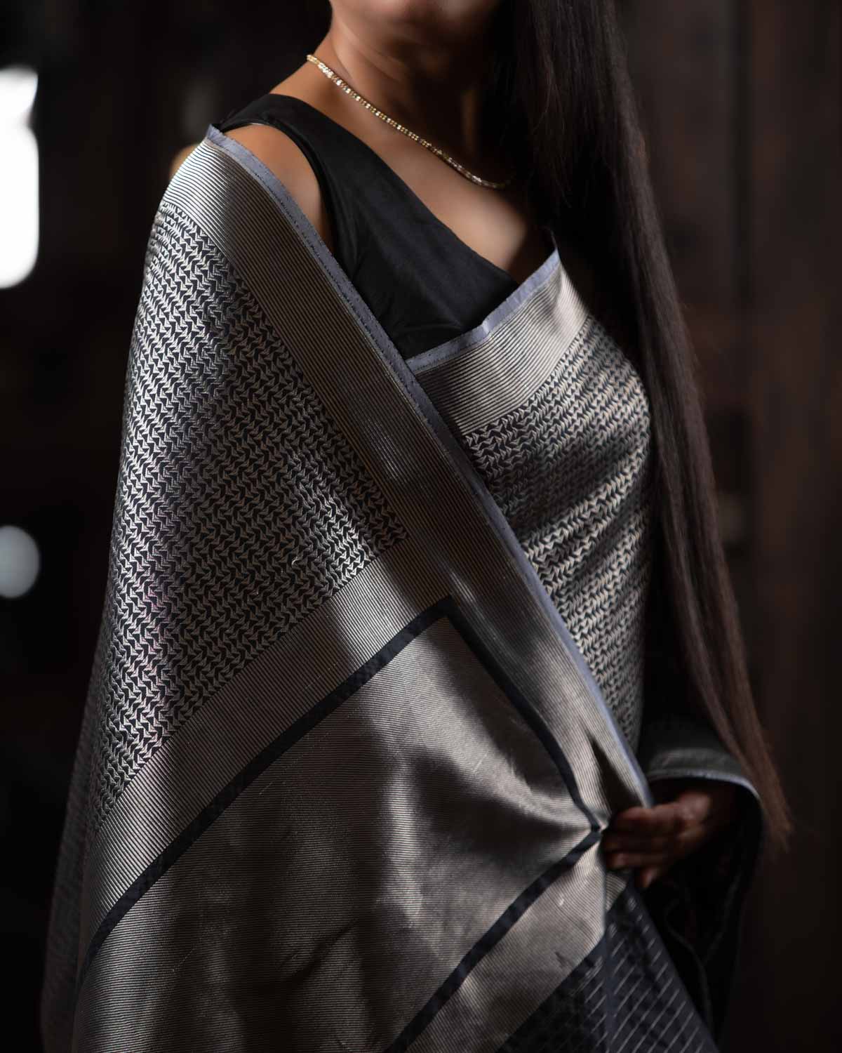 Black Banarasi Silver Zari Labyrinth Triangles Brocade Handwoven Katan Silk Saree-HolyWeaves