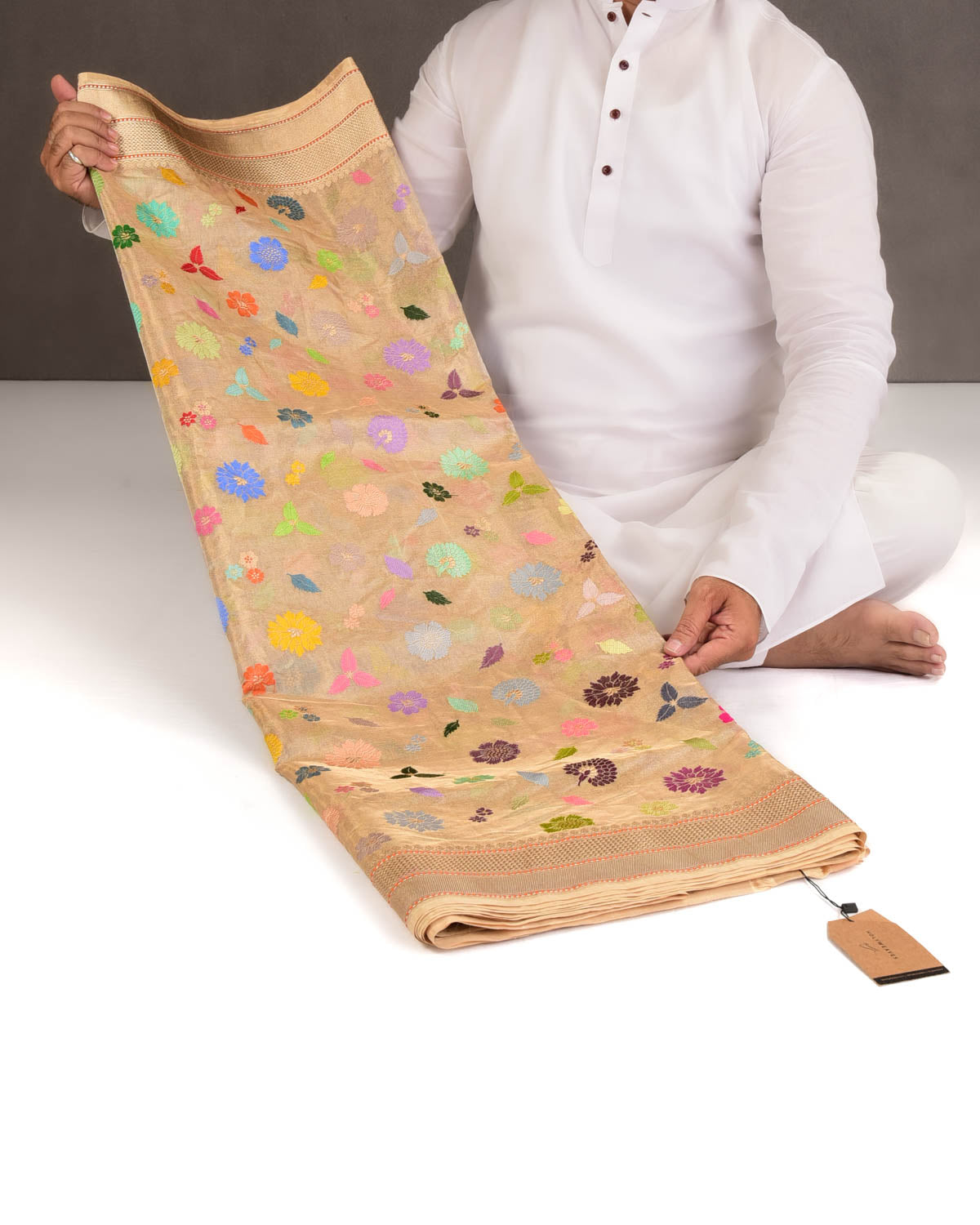 Metallic Gold Multi-Colour Resham & Zari Floral Butis Kadhuan Brocade Handwoven Tissue Banarasi Saree-HolyWeaves