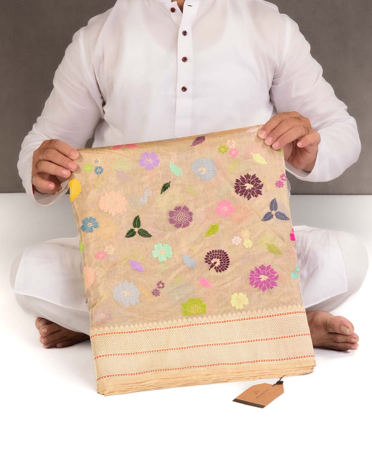 Metallic Gold Multi-Colour Resham & Zari Floral Butis Kadhuan Brocade Handwoven Tissue Banarasi Saree-HolyWeaves