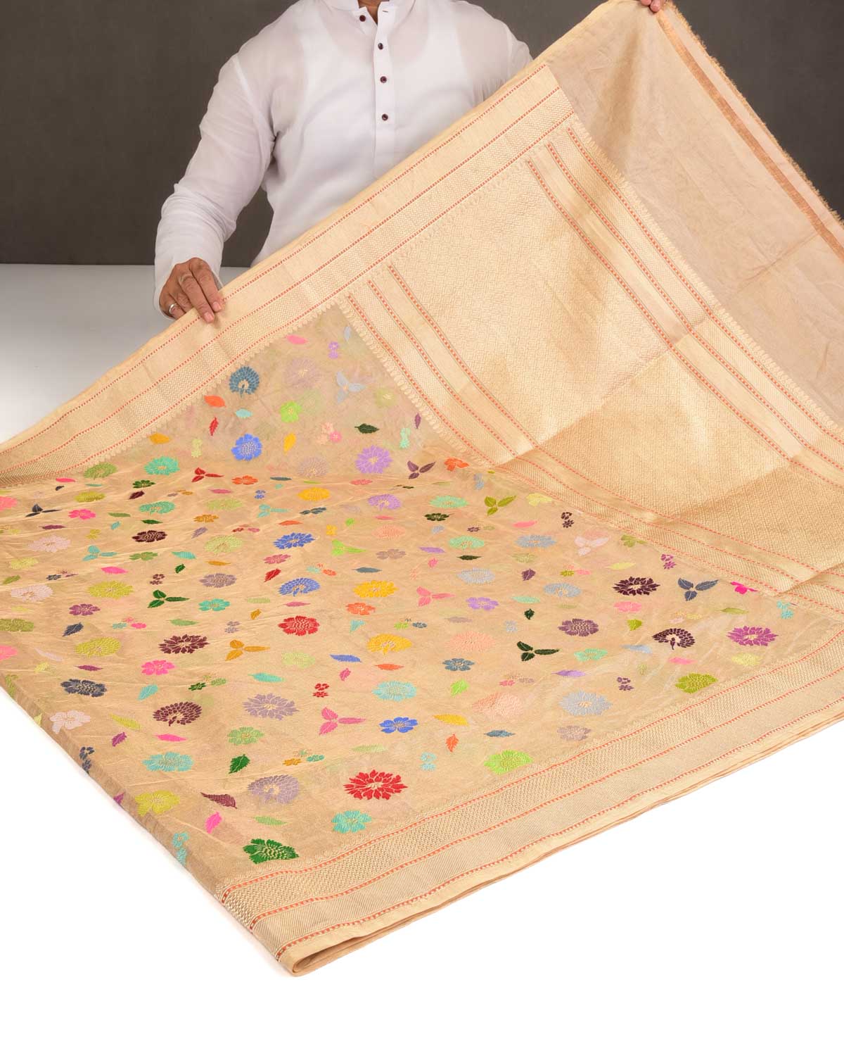 Metallic Gold Multi-Colour Resham & Zari Floral Butis Kadhuan Brocade Handwoven Tissue Banarasi Saree-HolyWeaves