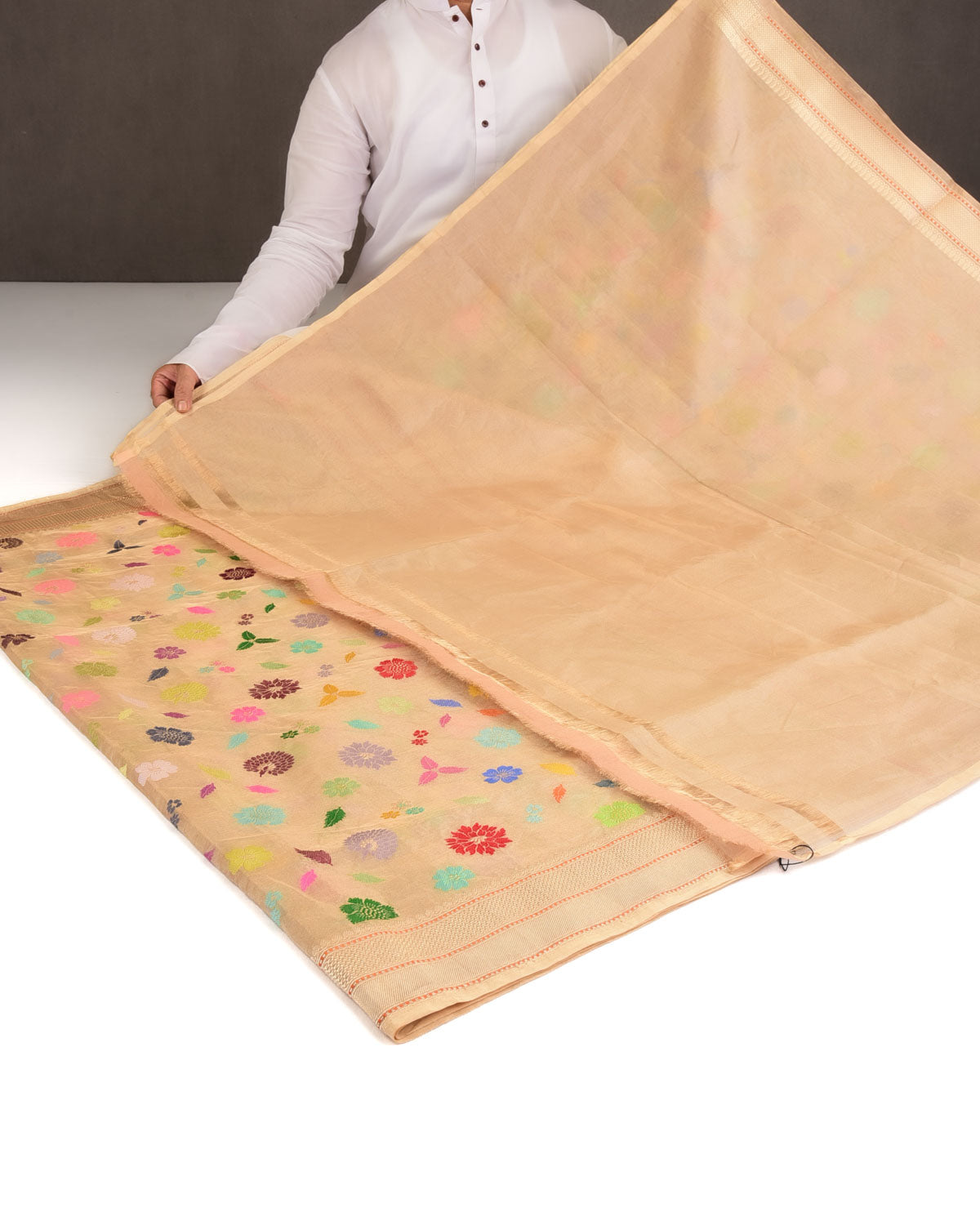 Metallic Gold Multi-Colour Resham & Zari Floral Butis Kadhuan Brocade Handwoven Tissue Banarasi Saree-HolyWeaves