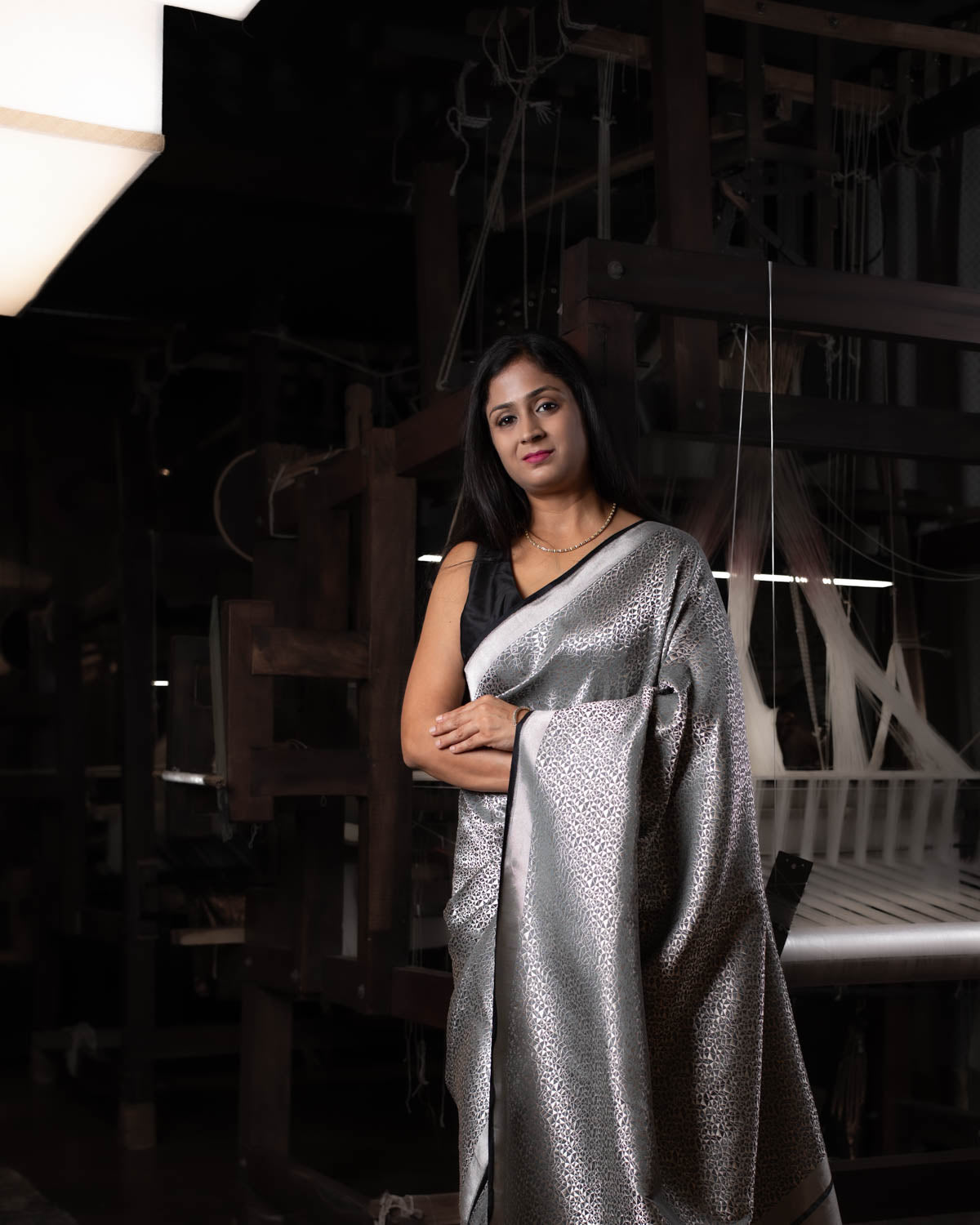 Gray Banarasi Silver Zari Geometrical Brocade Handwoven Katan Silk Saree - By HolyWeaves, Benares