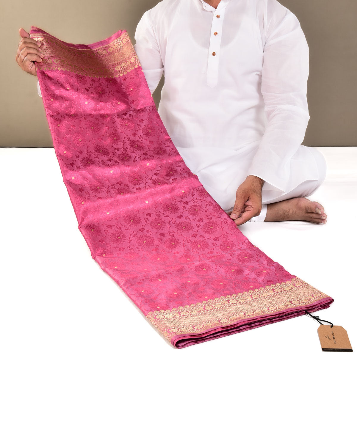 Shot Pink Banarasi Kamal Jaal Satin Tanchoi Brocade Handwoven Katan Silk Saree with Gold Zari Accents - By HolyWeaves, Benares