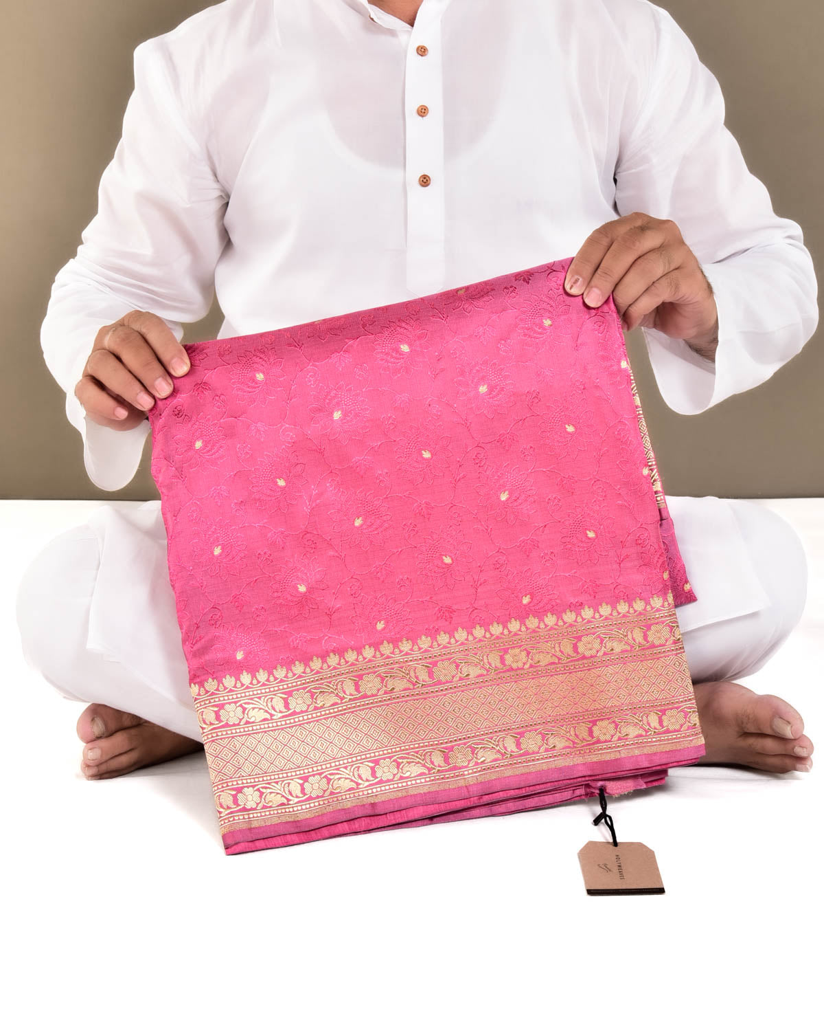 Shot Pink Banarasi Kamal Jaal Satin Tanchoi Brocade Handwoven Katan Silk Saree with Gold Zari Accents - By HolyWeaves, Benares