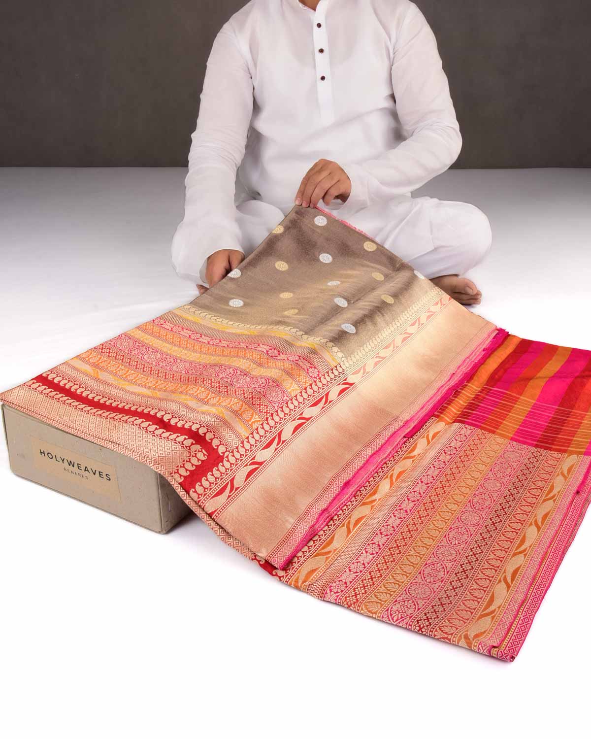 Metallic Brown Banarasi Gold & Silver Zari Kadhuan Brocade Handwoven Katan Tissue Saree with Multi Color Border Pallu-HolyWeaves