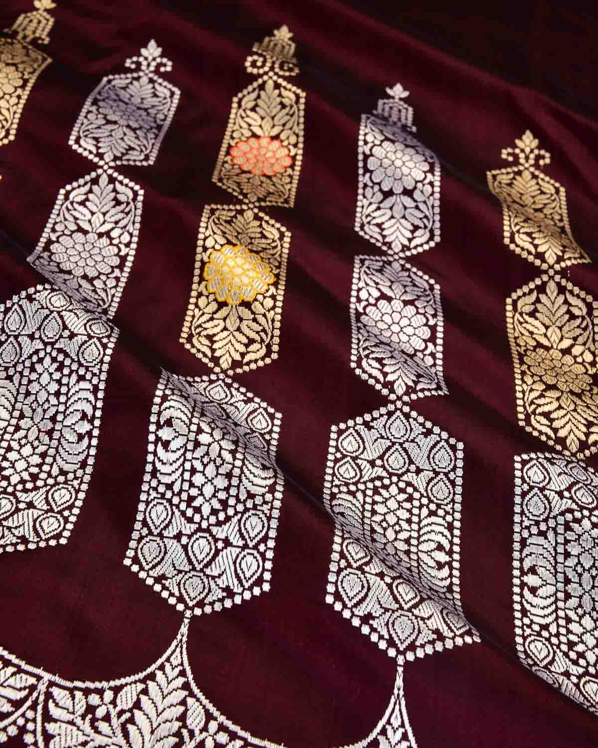 Midnight Maroon Banarasi Gld & Silver Zari Minaar Kadhuan Brocade Handwoven Katan Silk Saree-HolyWeaves