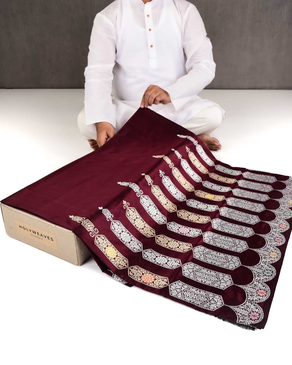 Midnight Maroon Banarasi Gld & Silver Zari Minaar Kadhuan Brocade Handwoven Katan Silk Saree-HolyWeaves