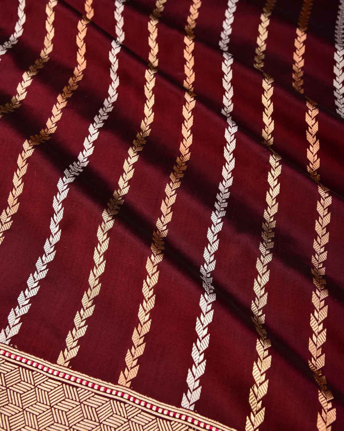 Midnight Maroon Banarasi Gold Silver Antique Zari Herringbone Stripes Kadhuan Brocade Handwoven Katan Silk Saree - By HolyWeaves, Benares