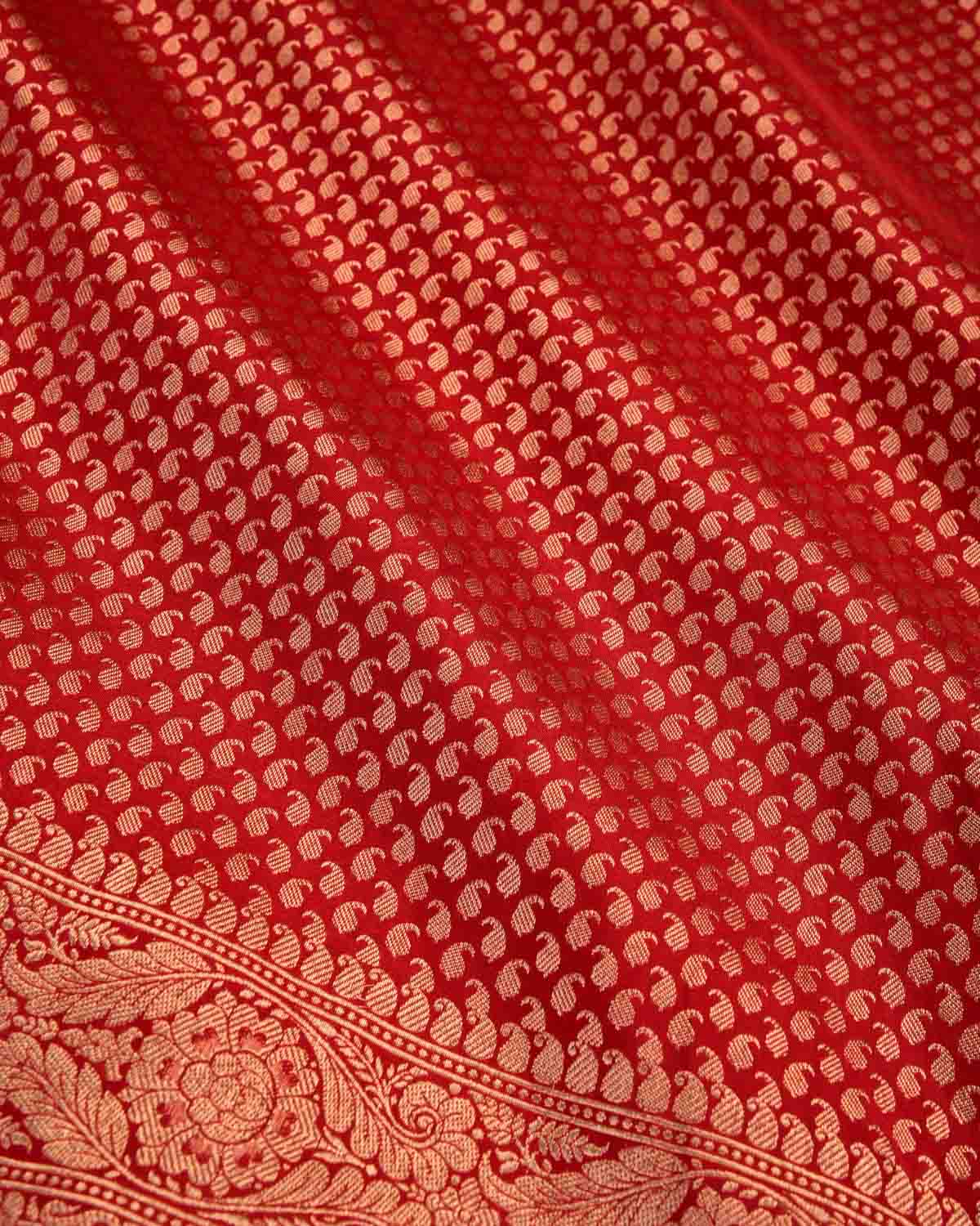 Bridal Red Banarasi Gold Zari Ghani Paisley Buti Brocade Handwoven Katan Silk Saree-HolyWeaves