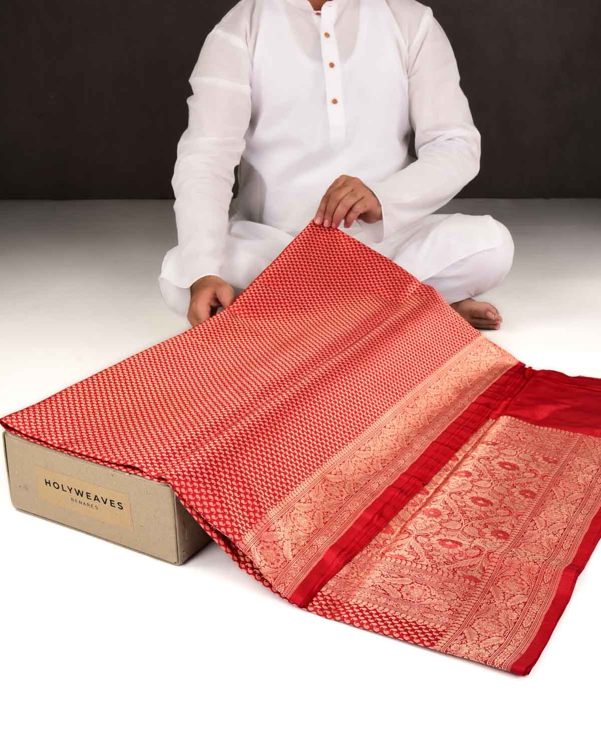 Bridal Red Banarasi Gold Zari Ghani Paisley Buti Brocade Handwoven Katan Silk Saree-HolyWeaves