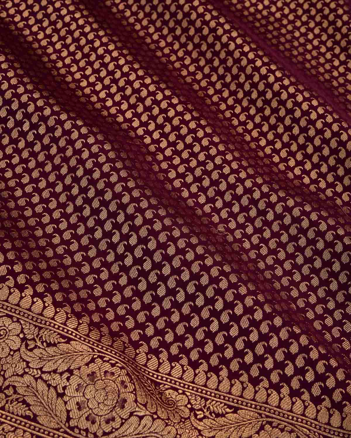 Burgundy Banarasi Gold Zari Ghani Paisley Buti Brocade Handwoven Katan Silk Saree-HolyWeaves
