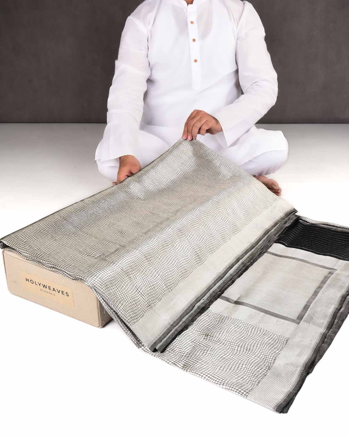 Metallic Gray Banarasi Python Stripes Brocade Handwoven Katan Tissue Saree-HolyWeaves