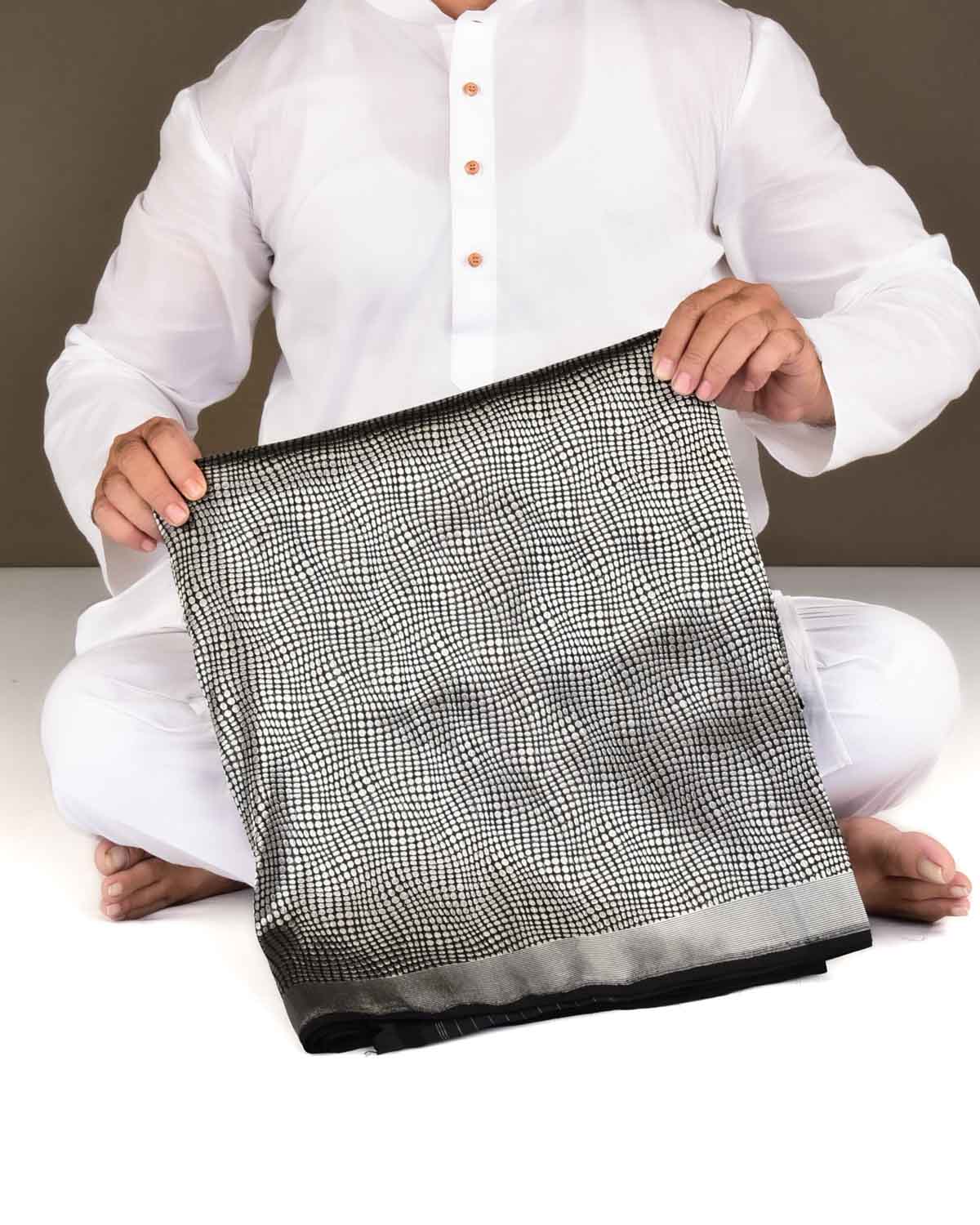 Black Banarasi Python Stripes Silver Zari Brocade Handwoven Katan Silk Saree-HolyWeaves