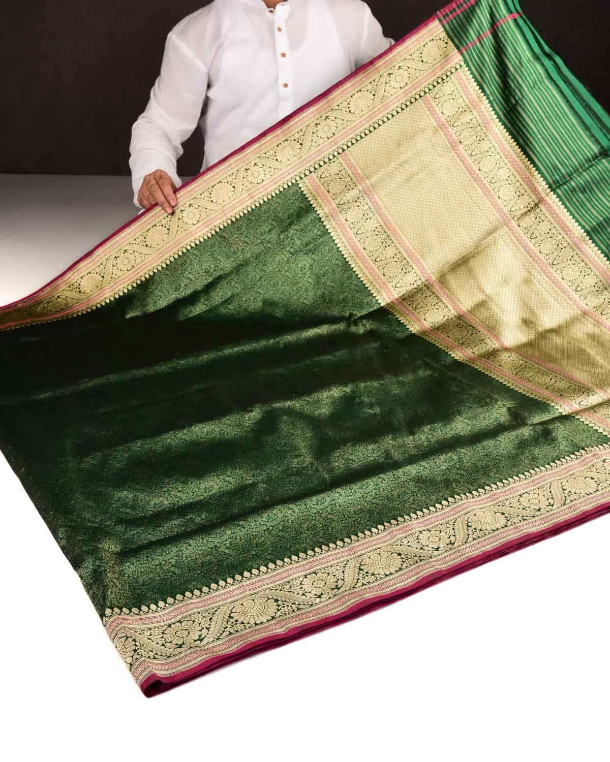 Forest Green Banarasi Maheen Jaal Gold Zari Brocade Handwoven Katan Silk Saree-HolyWeaves