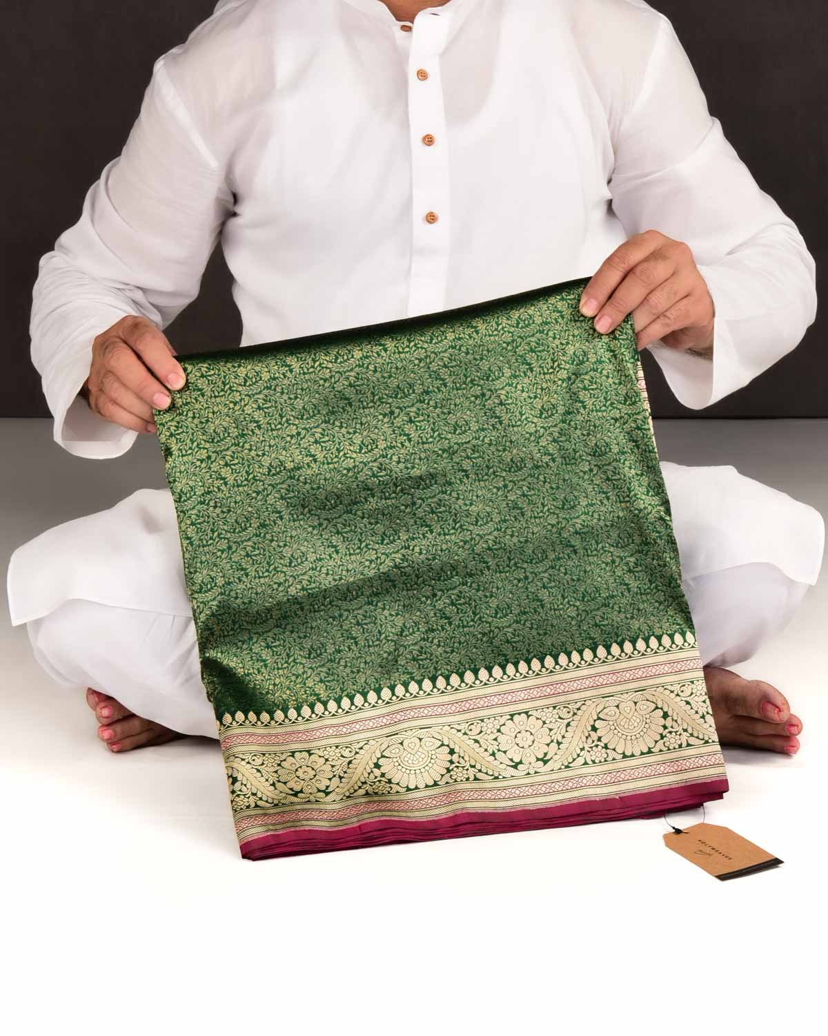 Forest Green Banarasi Maheen Jaal Gold Zari Brocade Handwoven Katan Silk Saree-HolyWeaves
