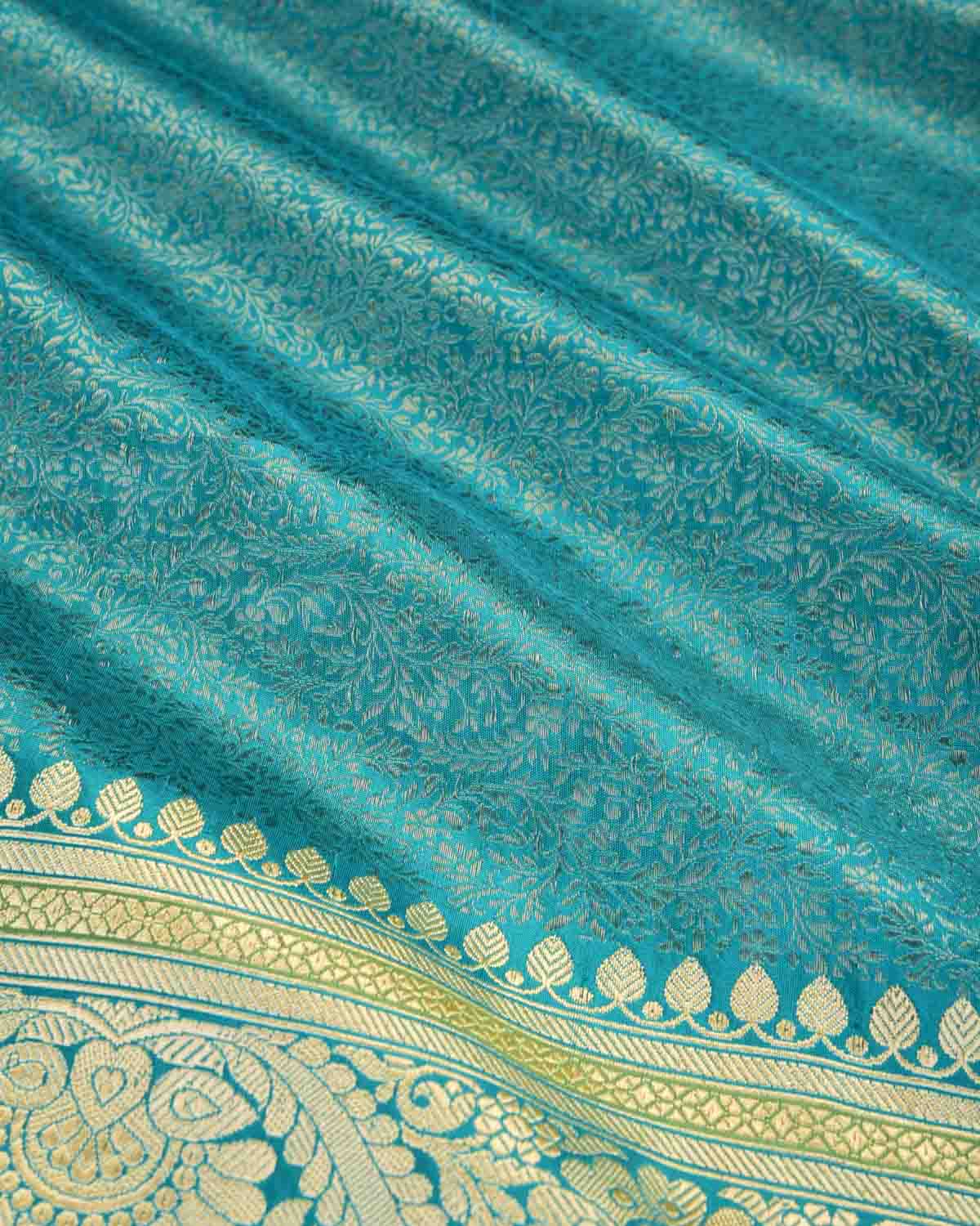 Turquoise Blue Banarasi Maheen Jaal Gold Zari Brocade Handwoven Katan Silk Saree-HolyWeaves