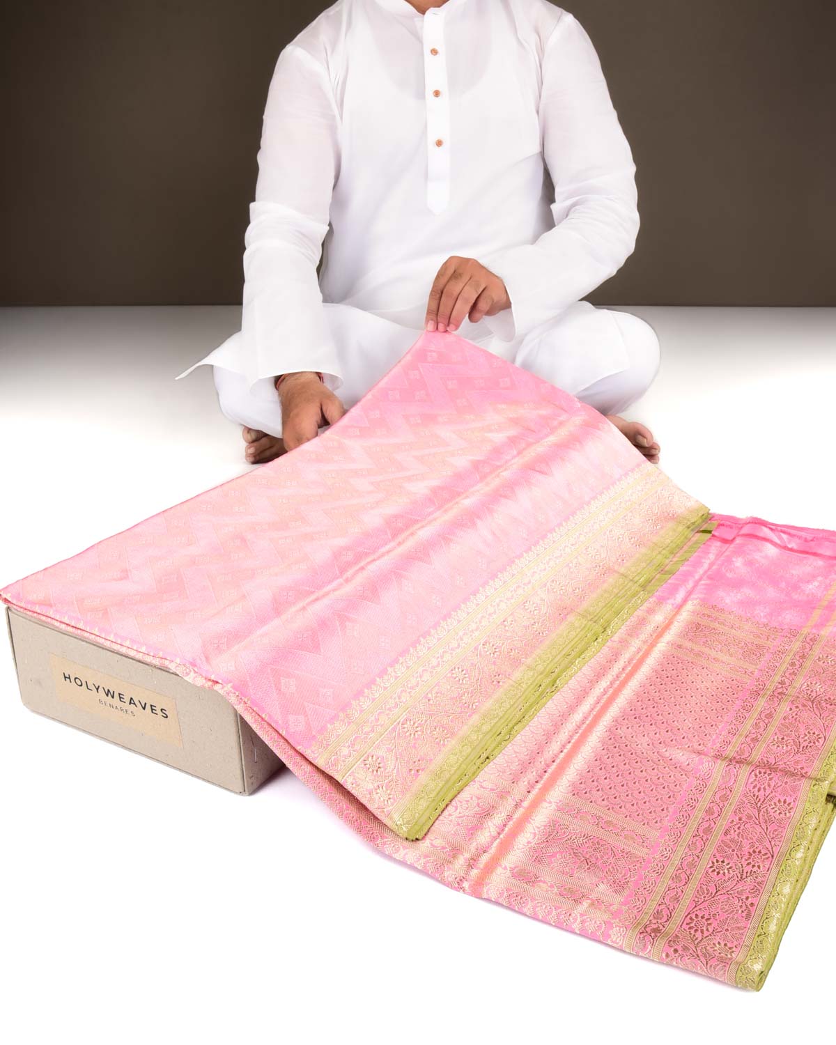 Metallic Pink Banarasi Silver Zari Chevron Brocade Handwoven Katan Silk Saree-HolyWeaves