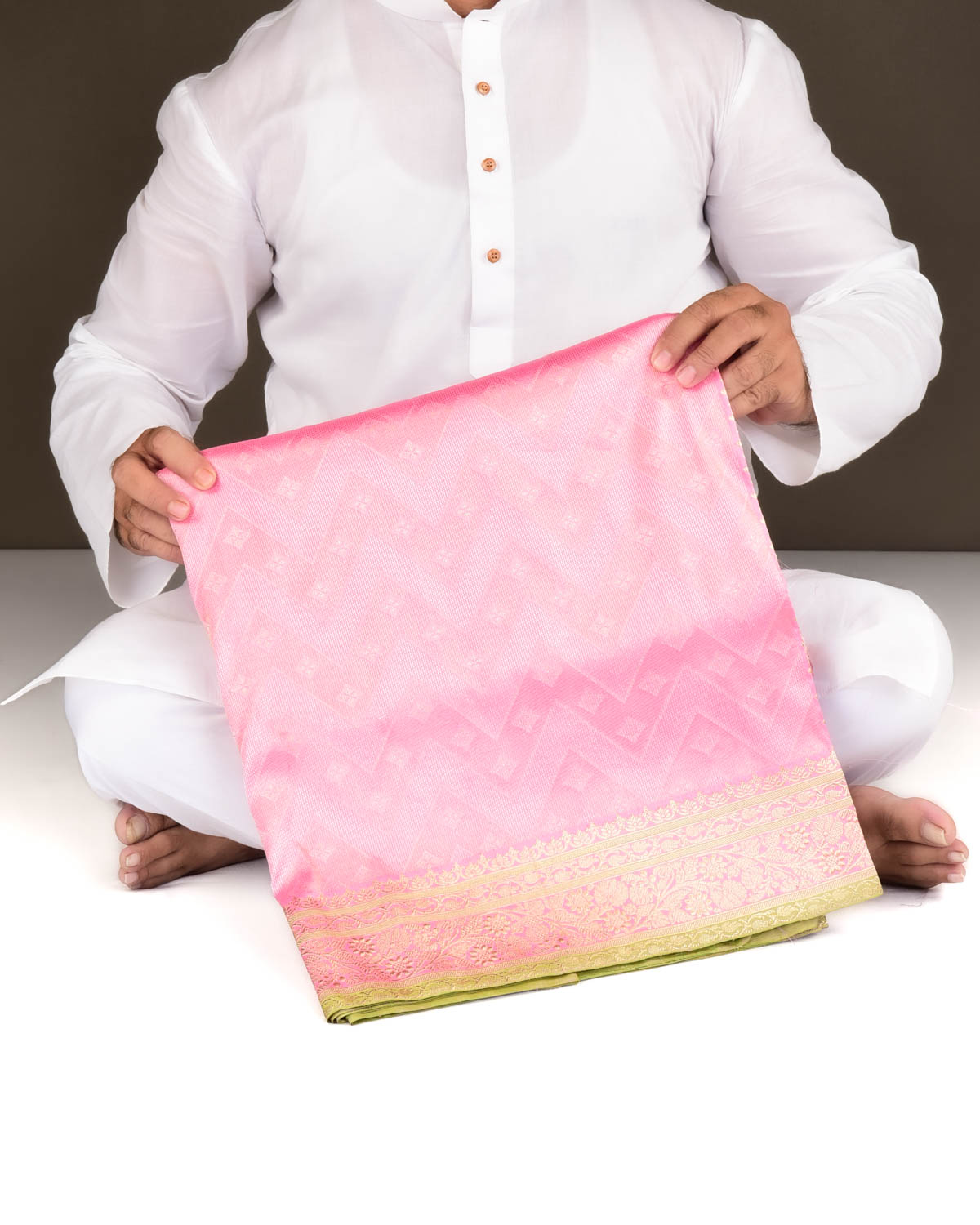 Metallic Pink Banarasi Silver Zari Chevron Brocade Handwoven Katan Silk Saree-HolyWeaves