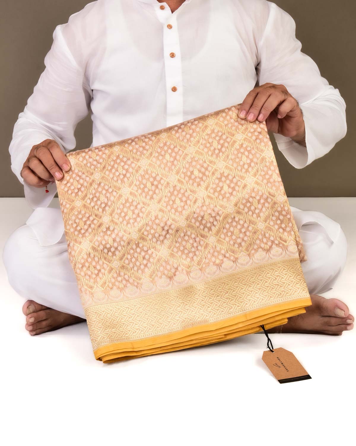 Metallic Rose Gold Banarasi Gold Zari & Resham Jaal Cutwork Brocade Handwoven Kora Tissue Saree-HolyWeaves