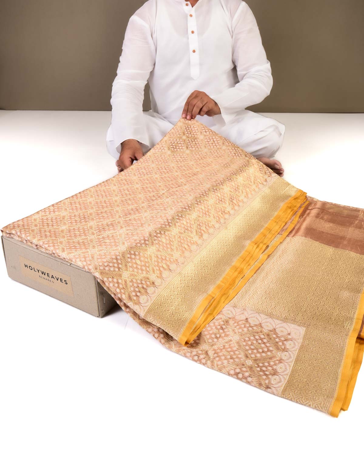 Metallic Rose Gold Banarasi Gold Zari & Resham Jaal Cutwork Brocade Handwoven Kora Tissue Saree-HolyWeaves