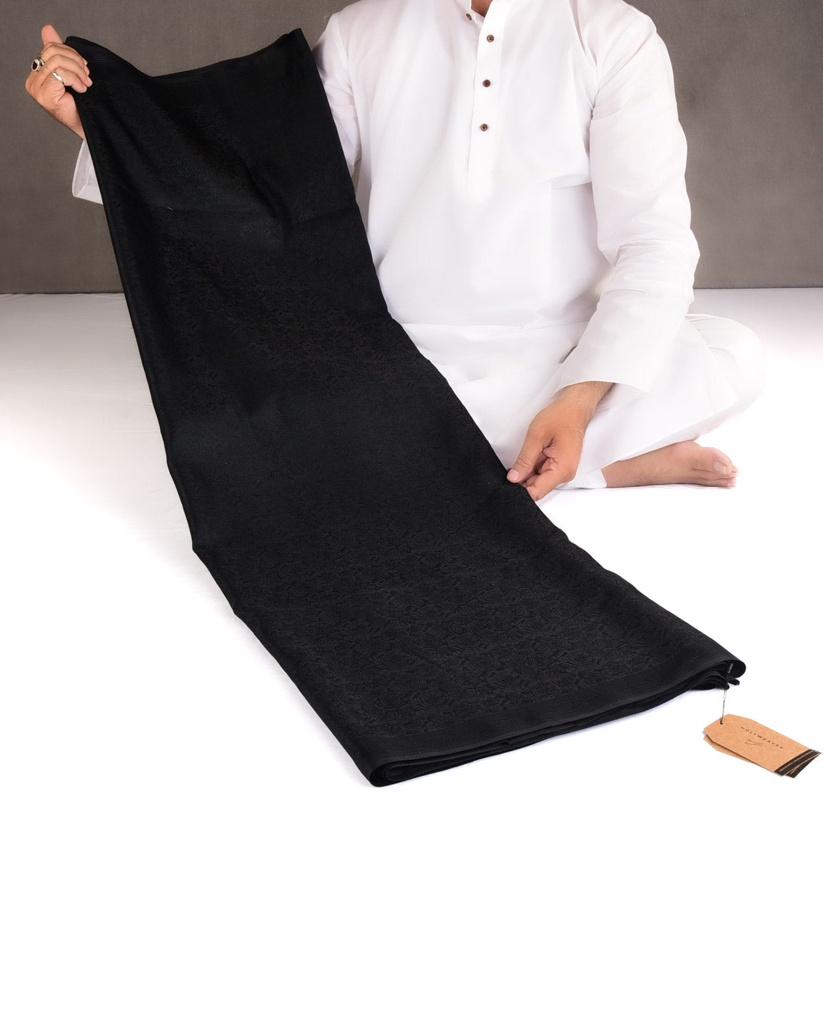 Black Spider Web Satin Tanchoi Handwoven Katan Silk Banarasi Saree-HolyWeaves