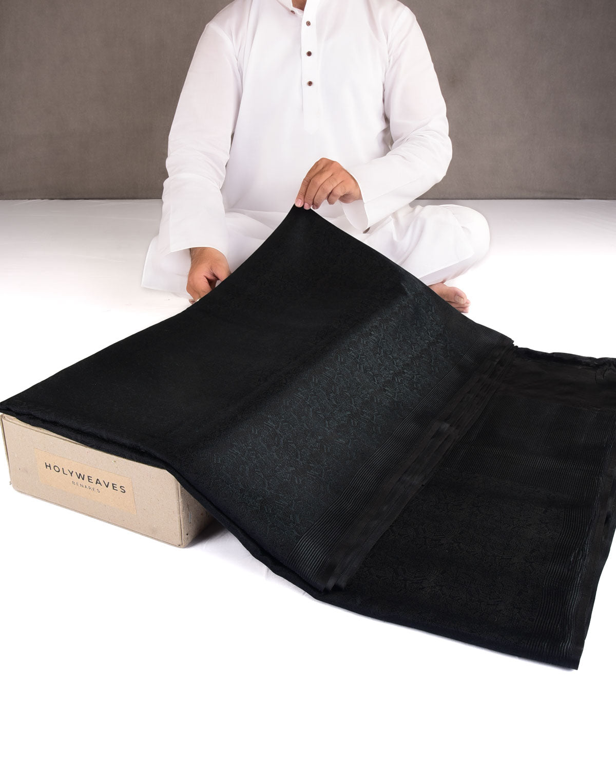 Black Spider Web Satin Tanchoi Handwoven Katan Silk Banarasi Saree-HolyWeaves