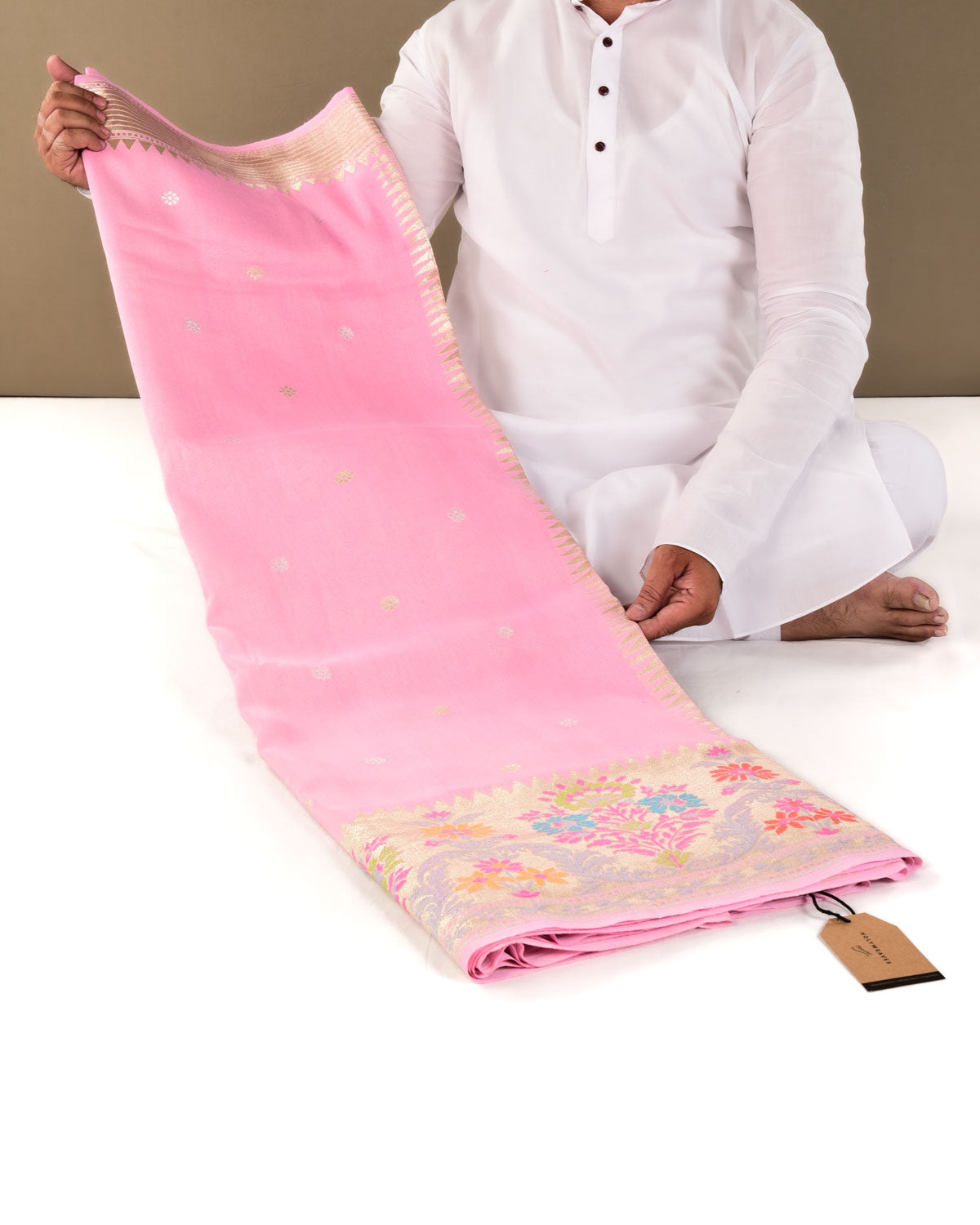 Pink Banarasi Paithani Gold & Silver Zari Buti Chauhari Cutwork Brocade Handwoven Tasar Georgette Saree with Meenekari Border Pallu - By HolyWeaves, Benares