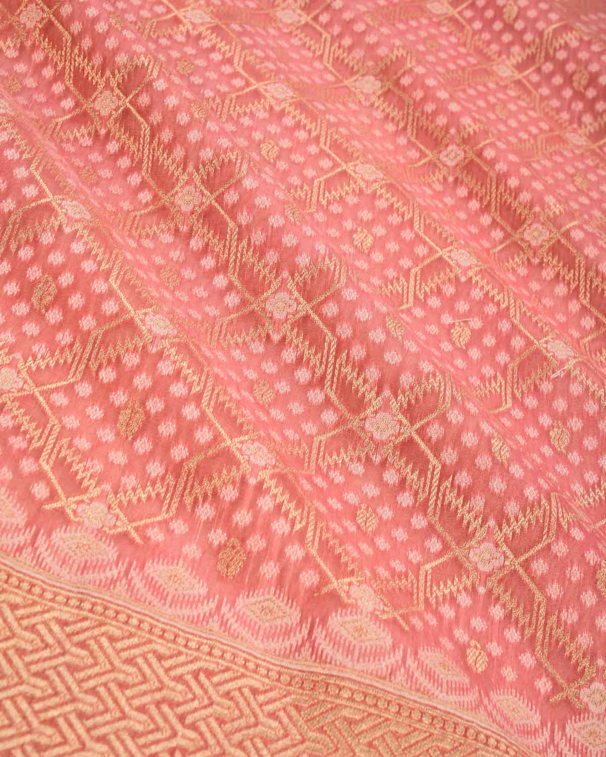 Pink Banarasi Resham & Gold Zari Grids Cutwork Brocade Handwoven Cotton Silk Saree - By HolyWeaves, Benares