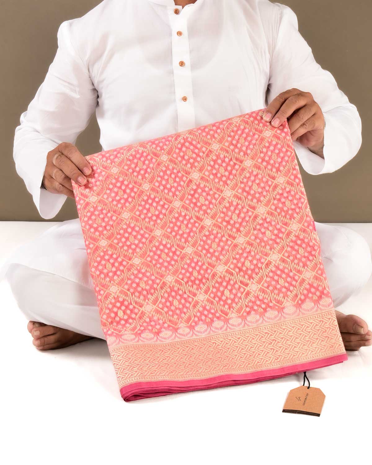 Pink Banarasi Resham & Gold Zari Grids Cutwork Brocade Handwoven Cotton Silk Saree - By HolyWeaves, Benares