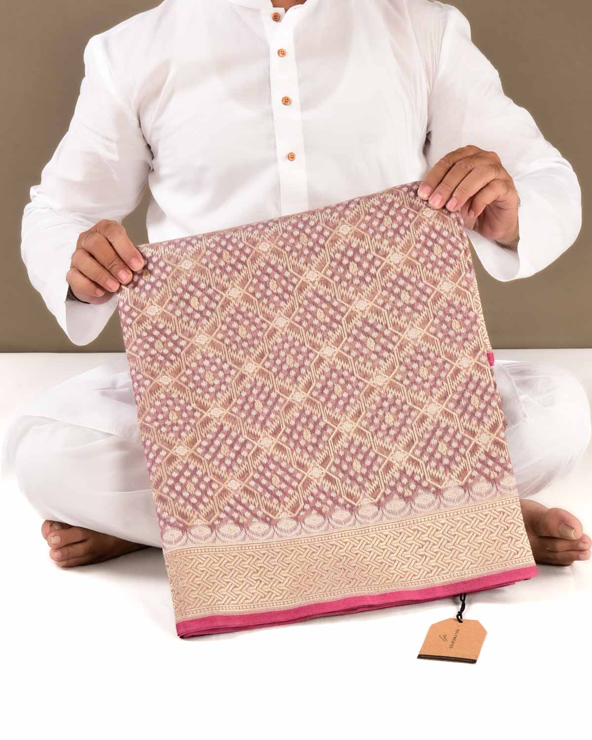 Mauve Banarasi Resham & Gold Zari Grids Cutwork Brocade Handwoven Cotton Silk Saree - By HolyWeaves, Benares