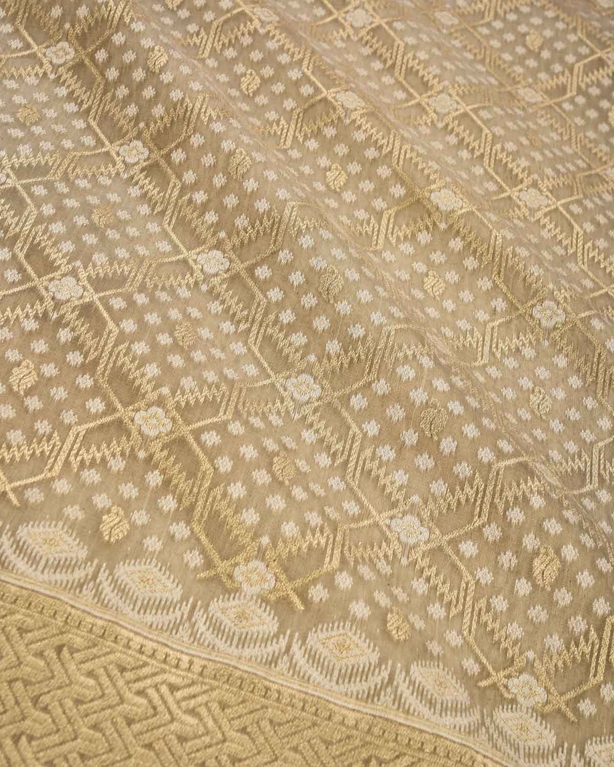 Olive Green Banarasi Resham & Gold Zari Grids Cutwork Brocade Handwoven Cotton Silk Saree - By HolyWeaves, Benares