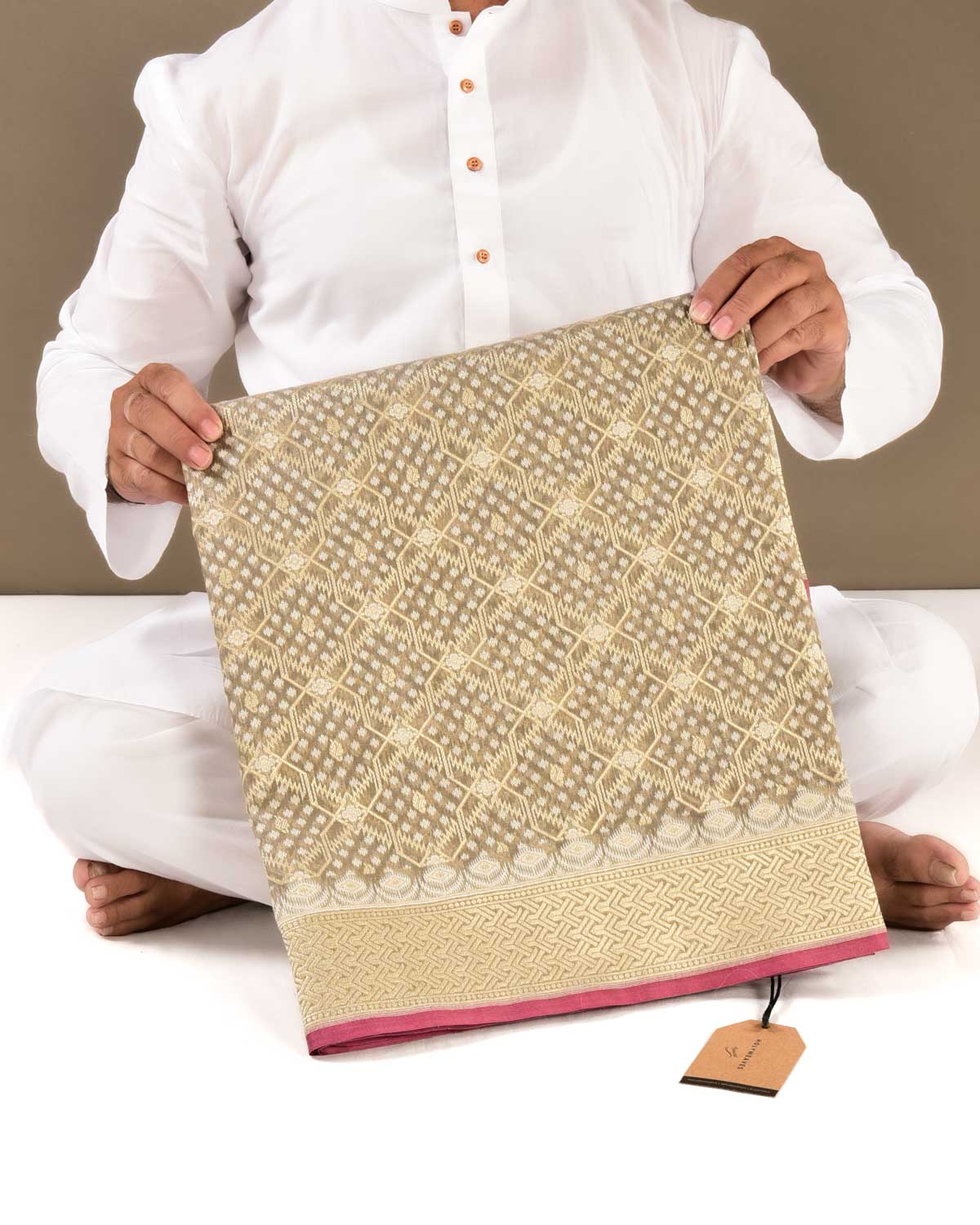 Olive Green Banarasi Resham & Gold Zari Grids Cutwork Brocade Handwoven Cotton Silk Saree - By HolyWeaves, Benares