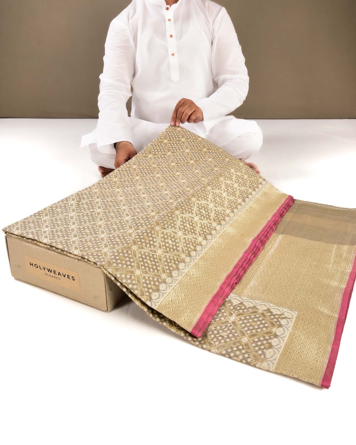 Olive Green Banarasi Resham & Gold Zari Grids Cutwork Brocade Handwoven Cotton Silk Saree - By HolyWeaves, Benares